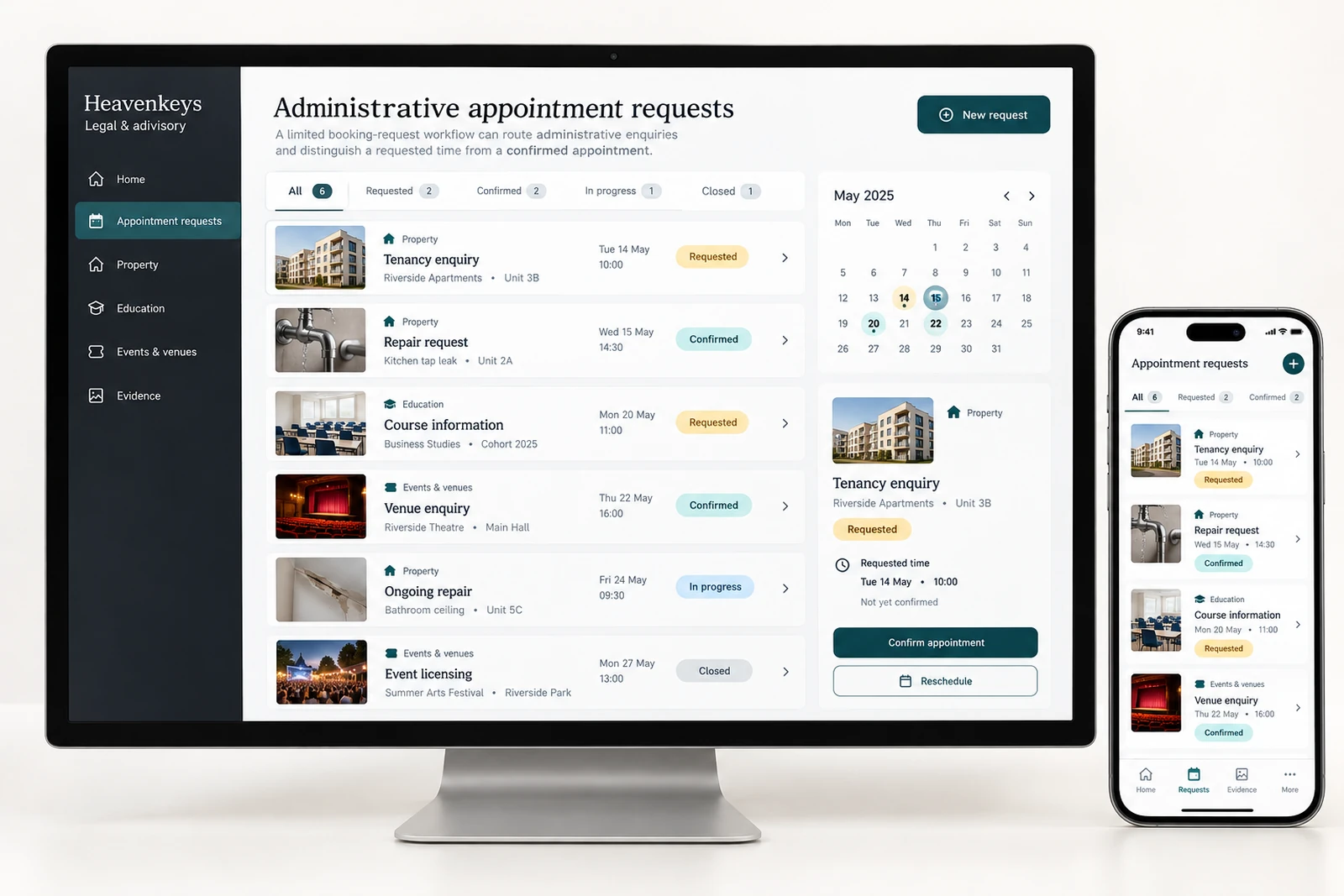 Legal & advisory — Administrative appointment requests interface concept