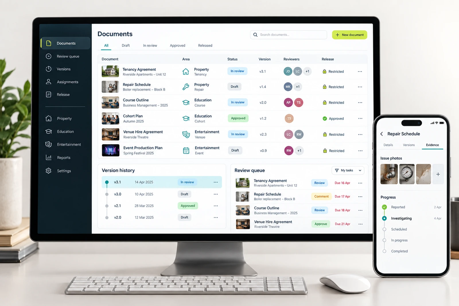 Legal & advisory — Document version and review queues interface concept