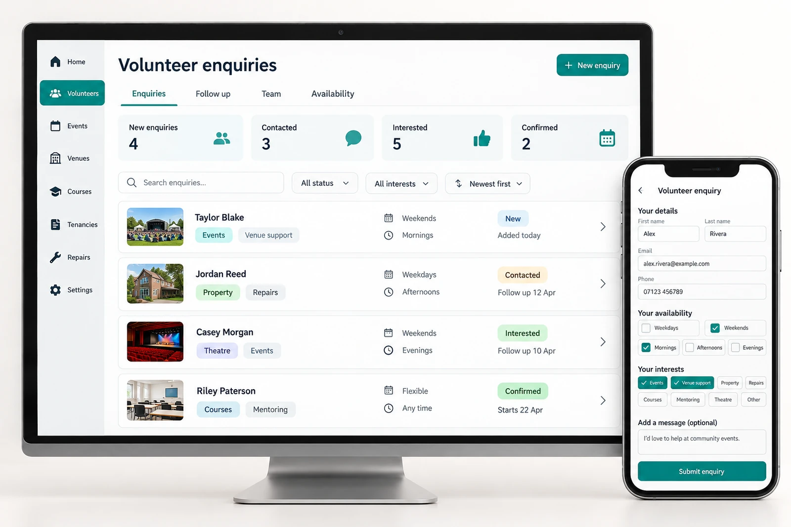 Nonprofits & community — Volunteer enquiries interface concept