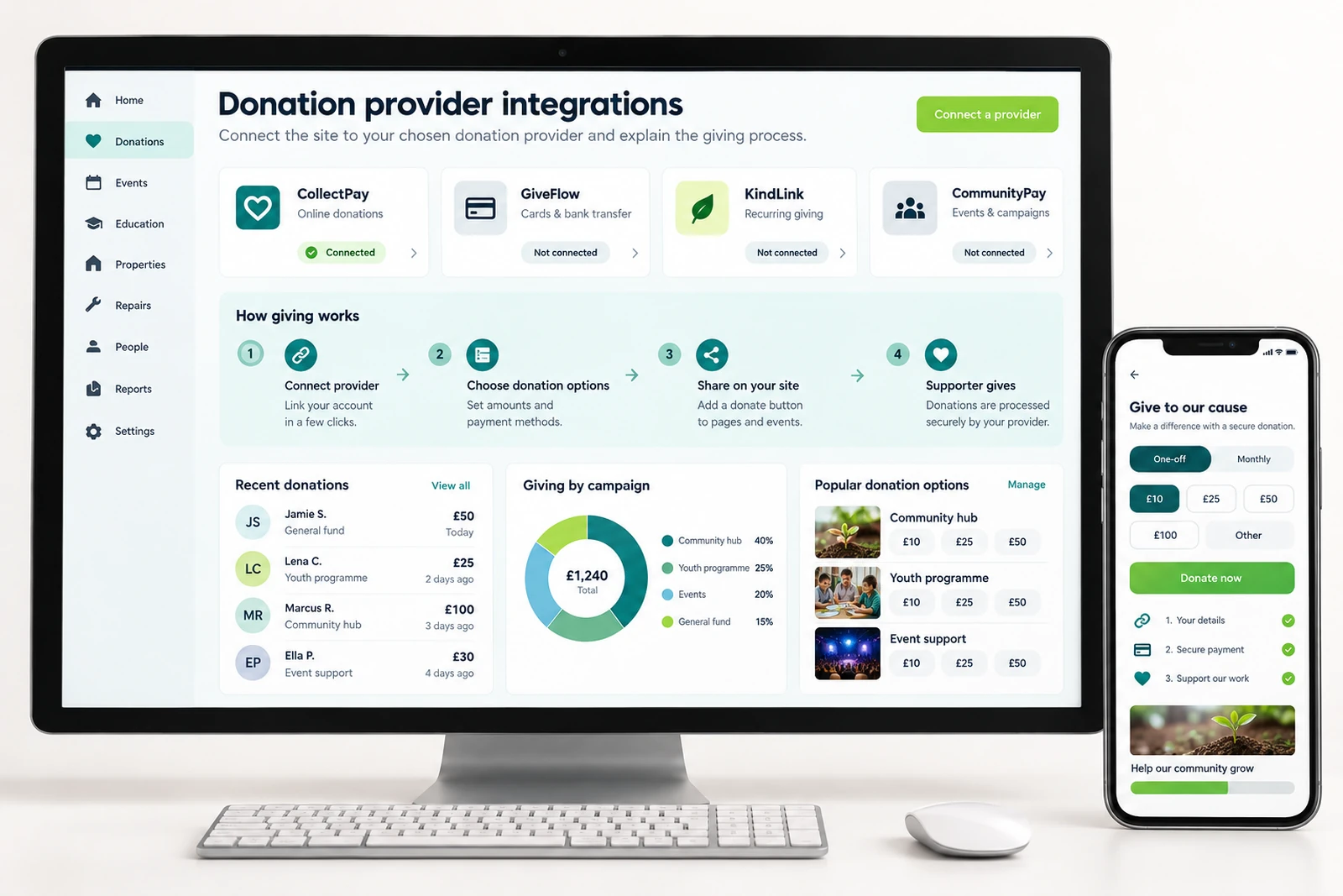 Nonprofits & community — Donation-provider integrations interface concept