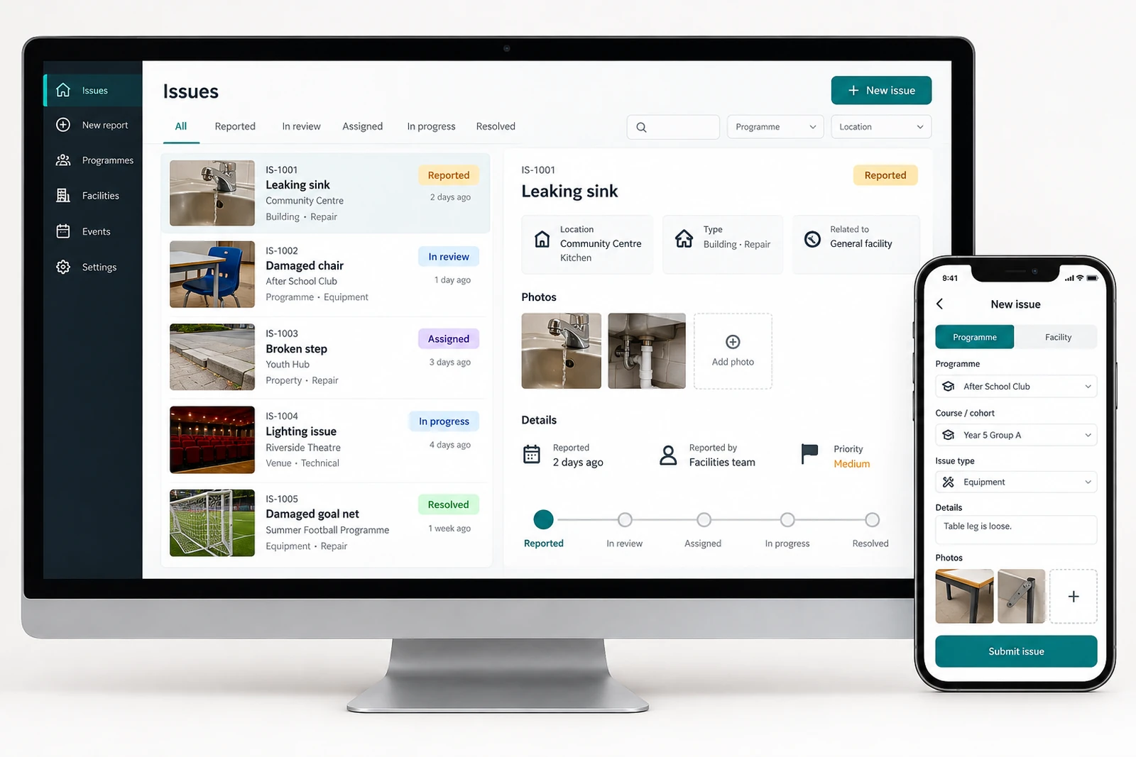 Nonprofits & community — Programme and facility issue reports interface concept