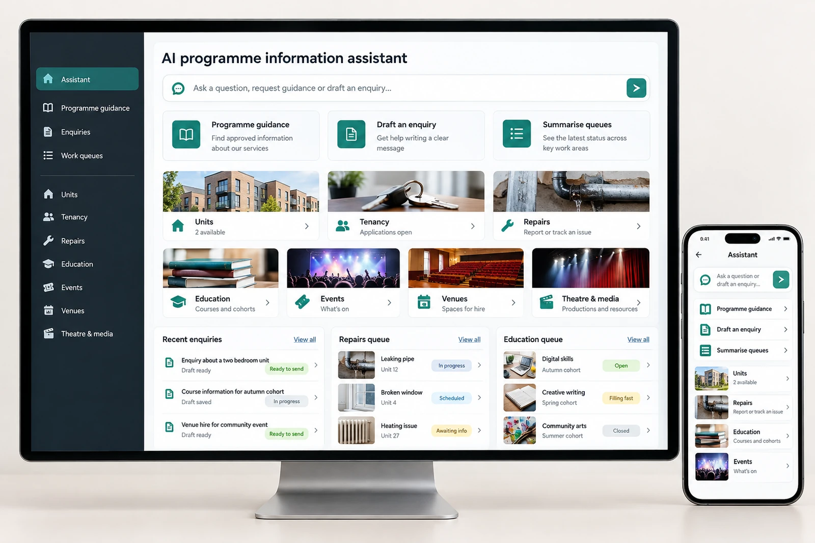 Nonprofits & community — AI programme information assistant interface concept