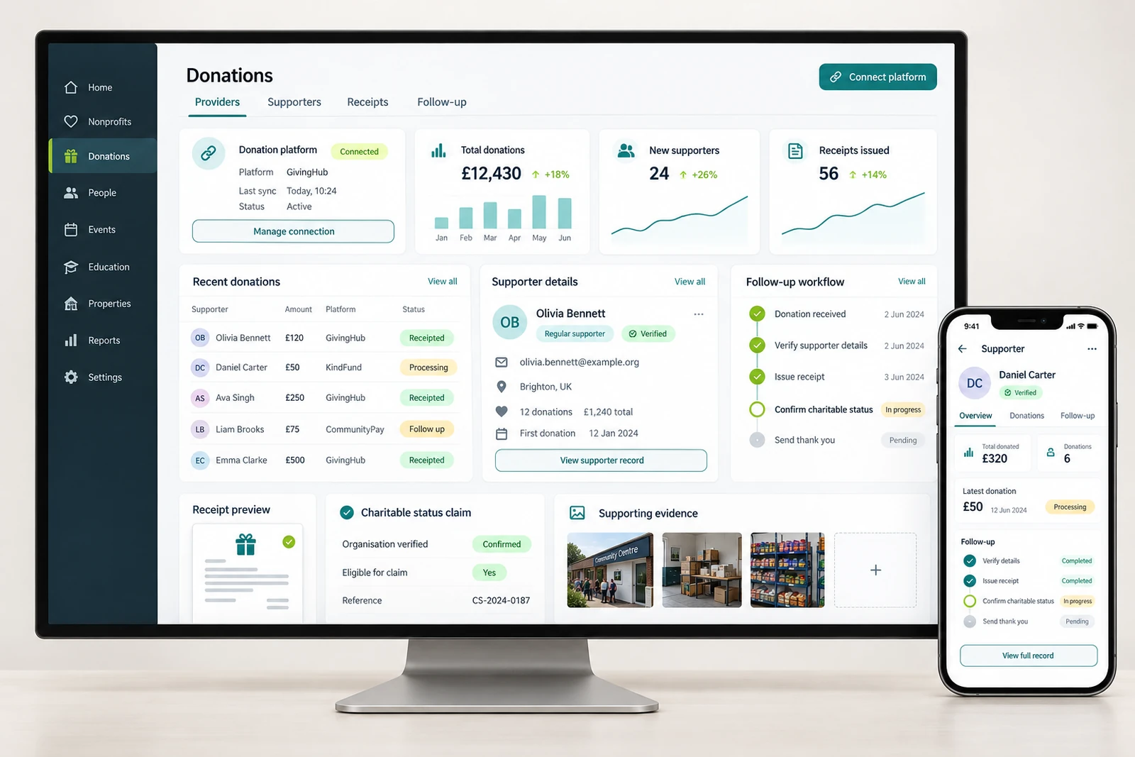 Nonprofits & community — Donation-provider and supporter records interface concept