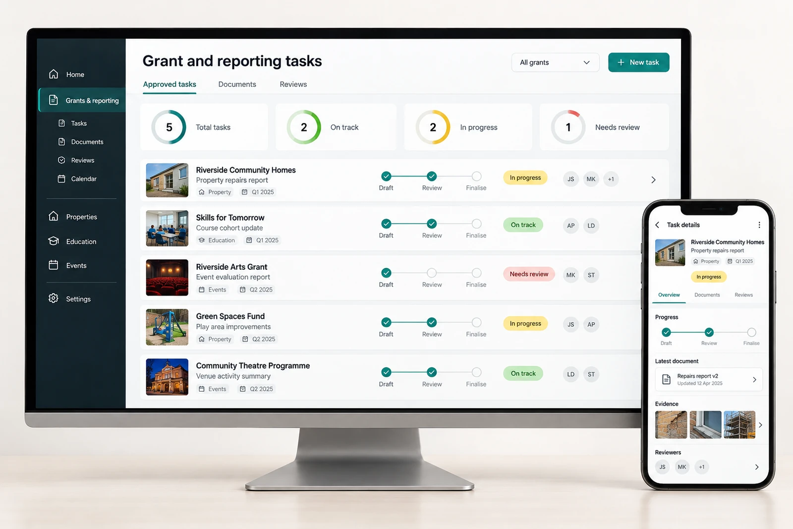 Nonprofits & community — Grant and reporting task coordination interface concept