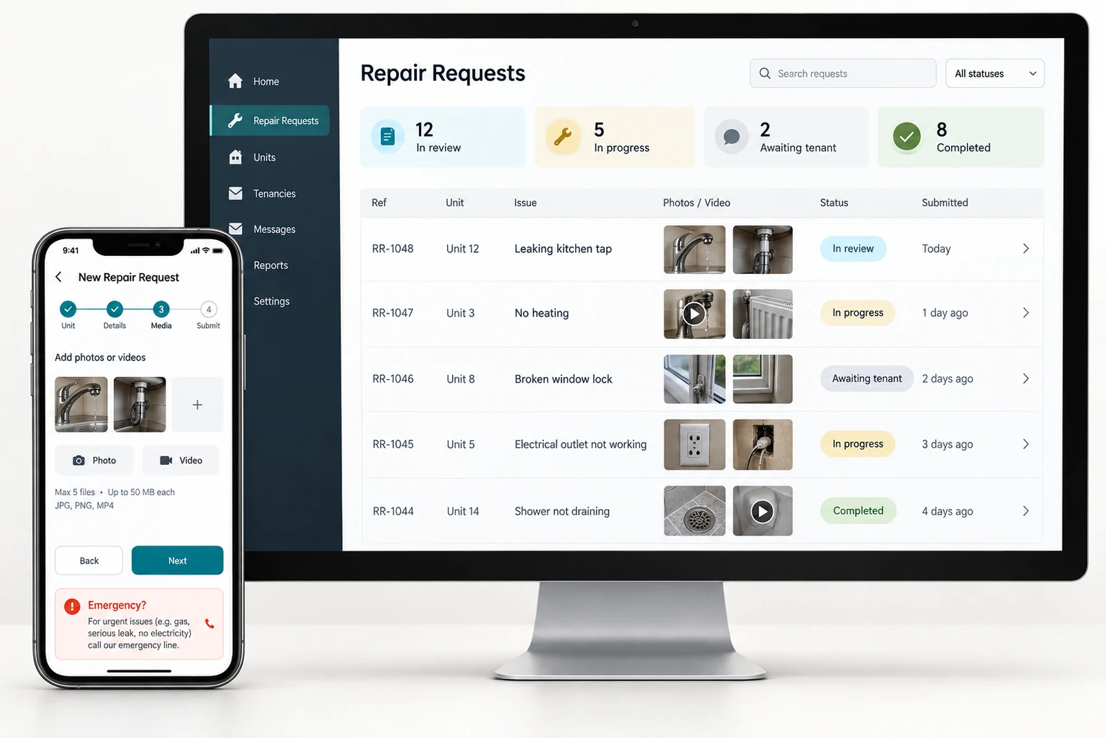 Real estate & property — Tenant repair requests with photo and video evidence interface concept