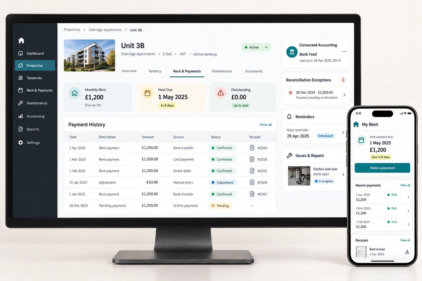 Real estate & property — Rent and payment tracking interface concept