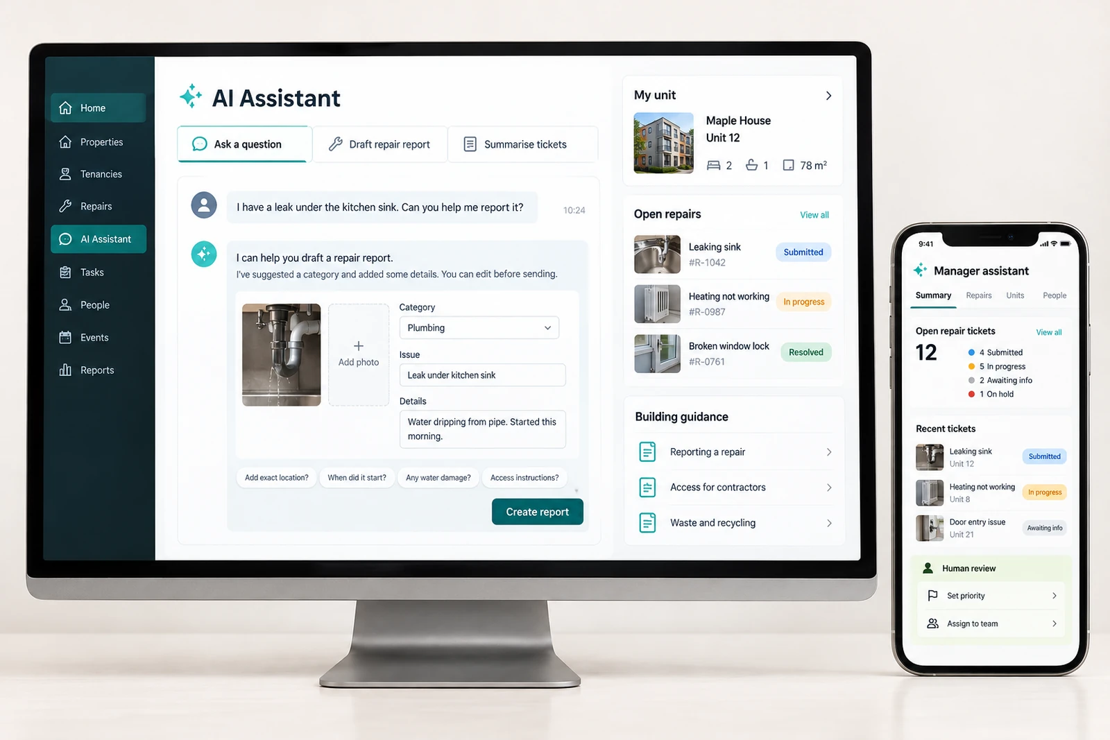 Real estate & property — AI assistant for tenants and managers interface concept