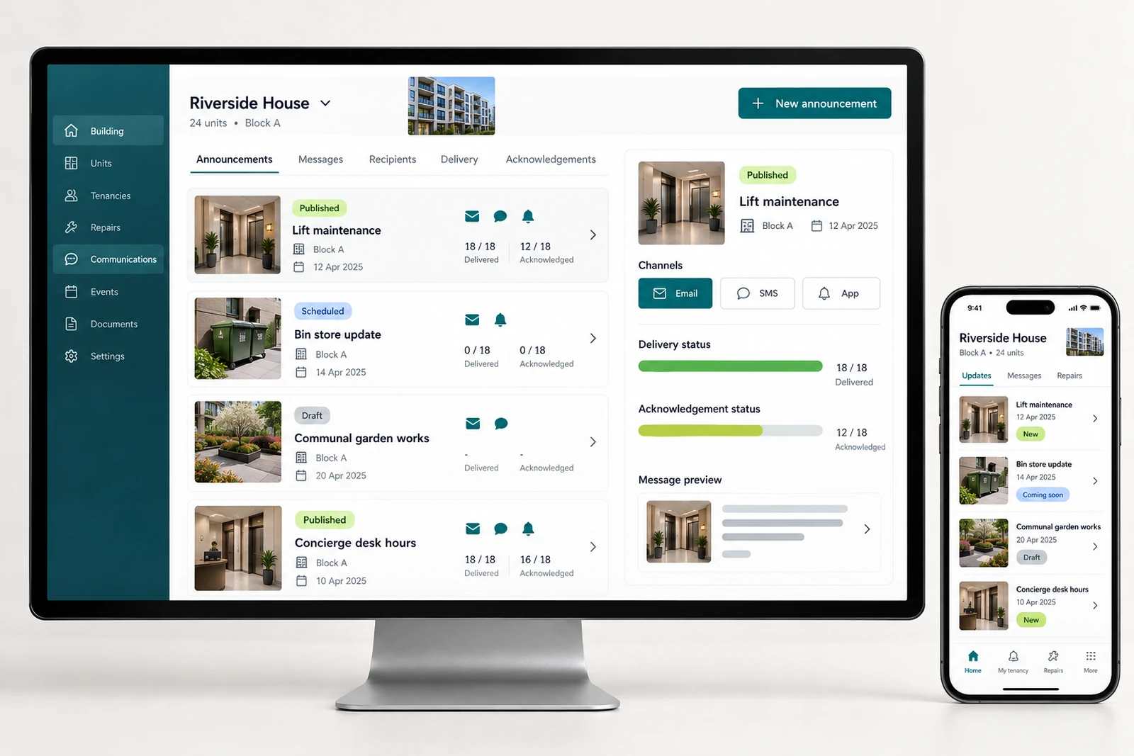 Real estate & property — Building notices and resident communications interface concept
