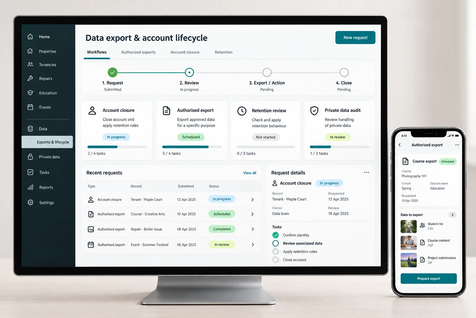 Startups & founders — Data export and account lifecycle interface concept