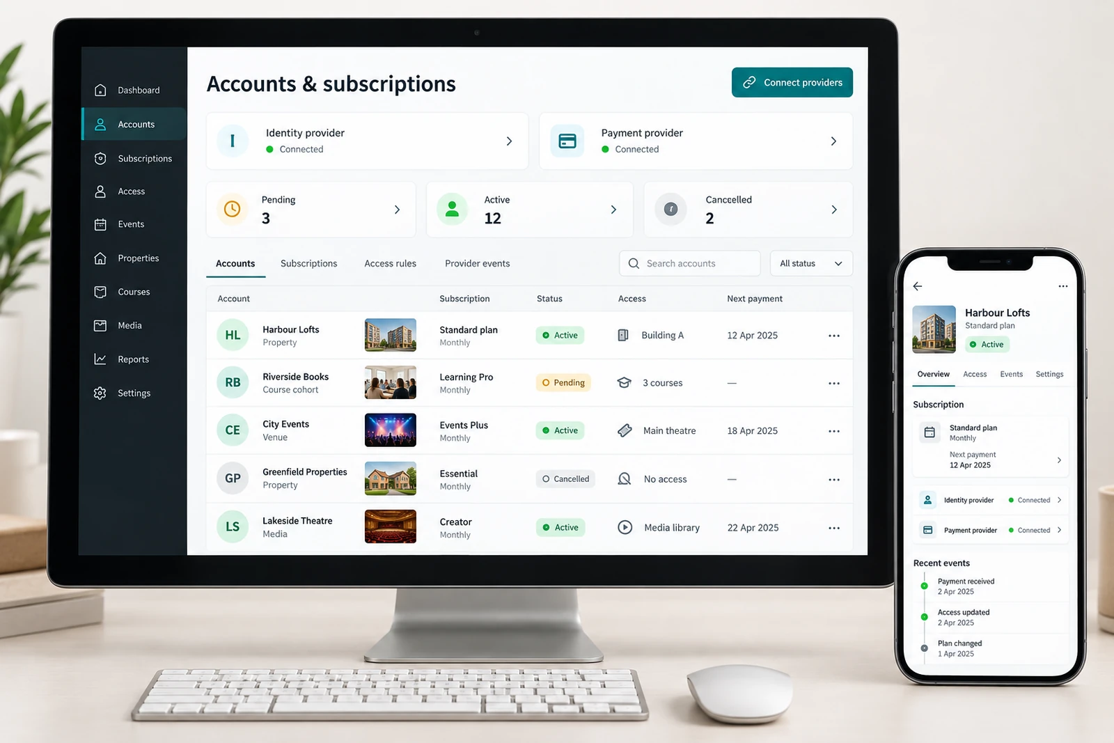 Startups & founders — Accounts and subscription management interface concept
