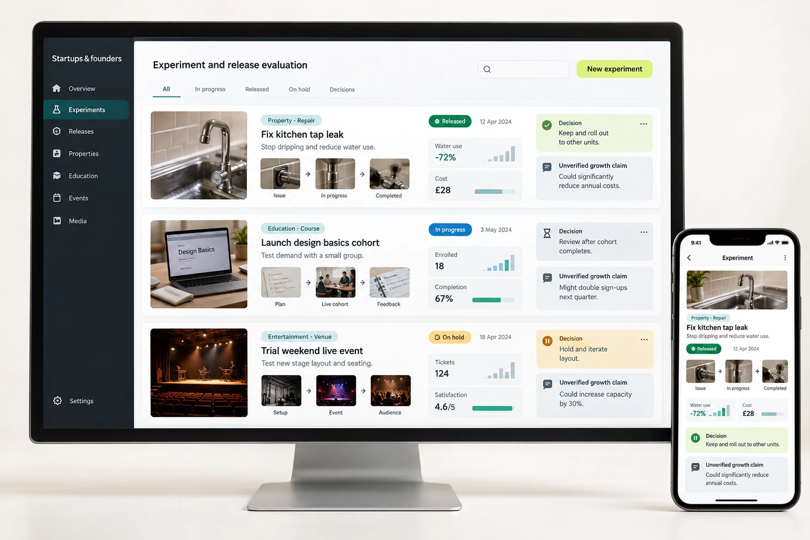 Startups & founders — Experiment and release evaluation interface concept