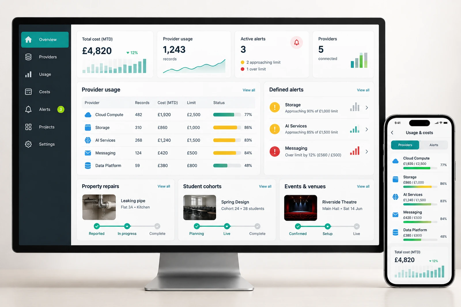 Startups & founders — Cost and provider usage visibility interface concept