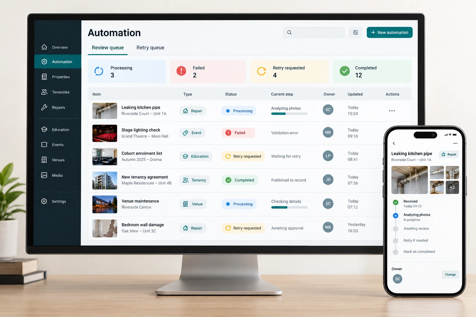 Technology businesses — Automation review and retry queues interface concept