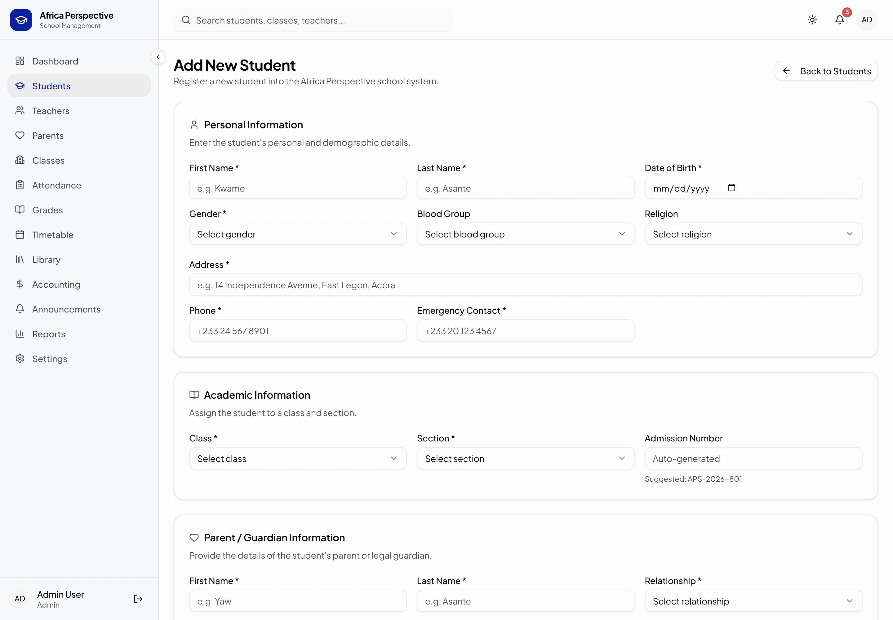 AfricaPerspective school management — application screenshot