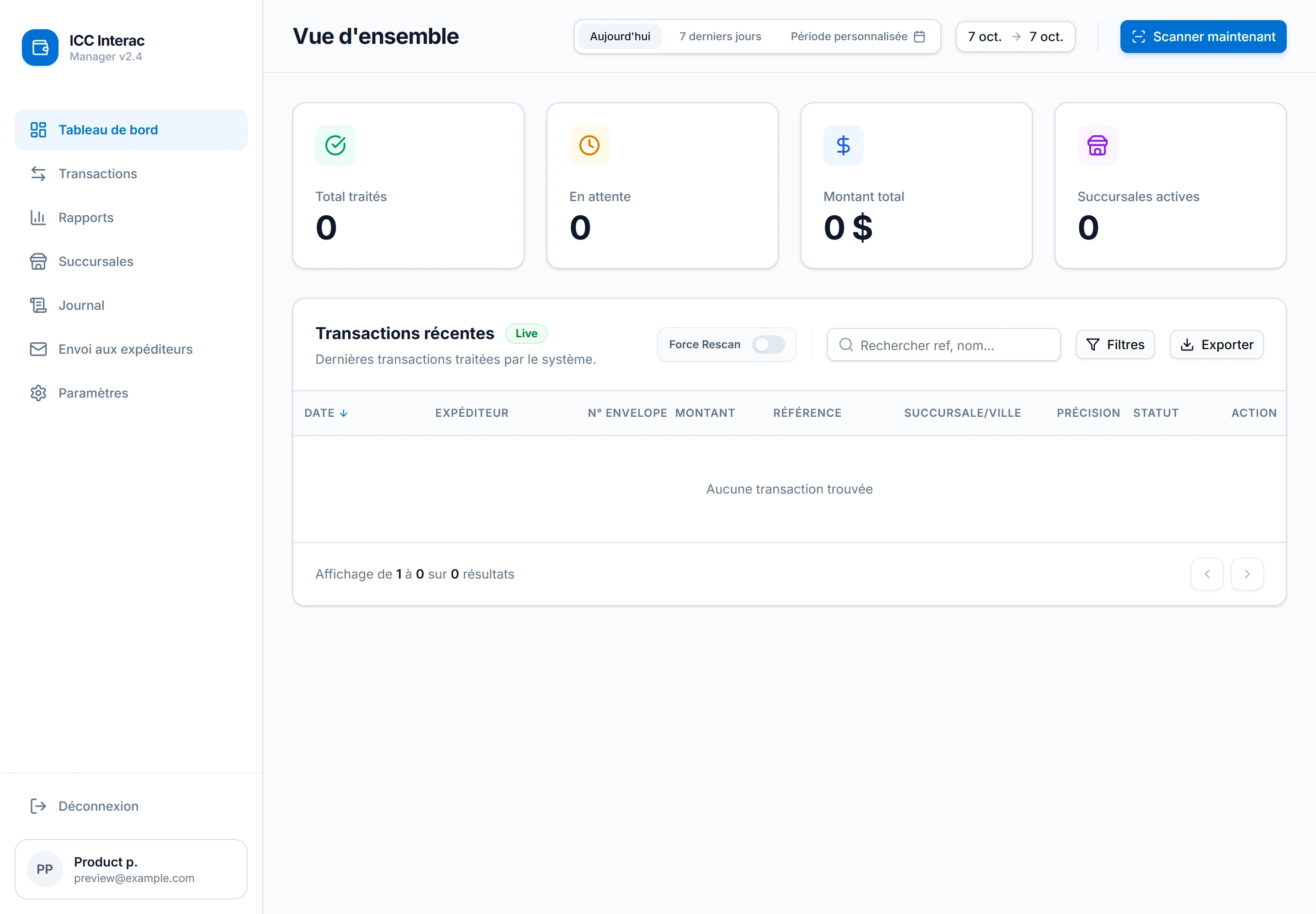 Interac Manager — product screenshot — empty preview account