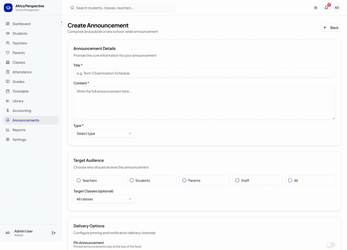 AfricaPerspective school management — Announcements / new