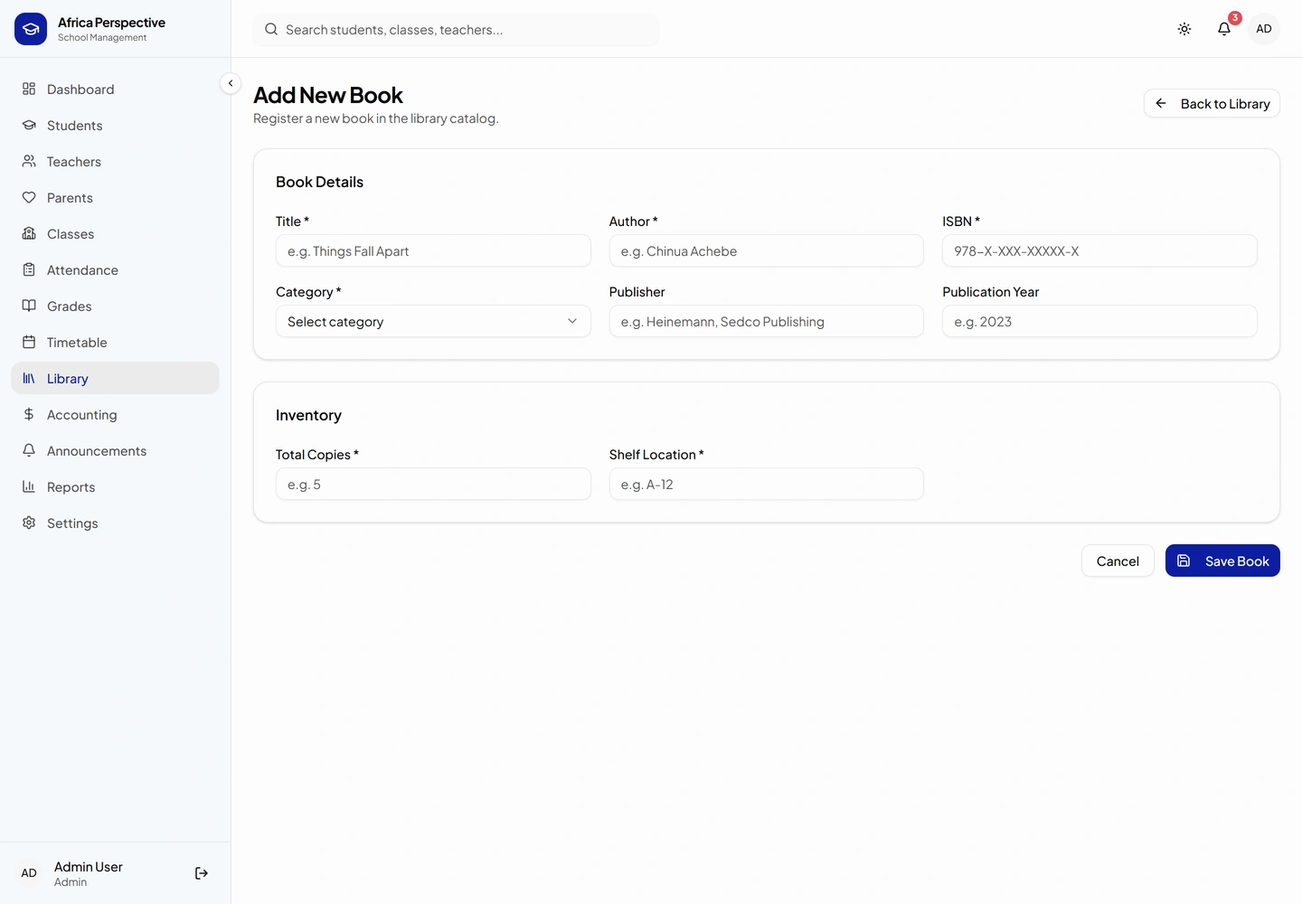 AfricaPerspective school management — Library / new