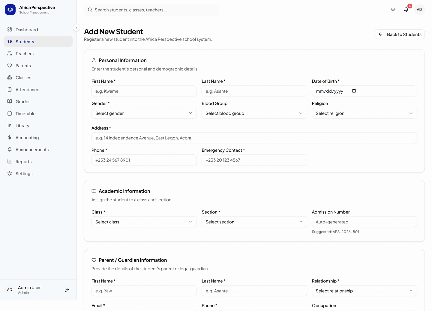 AfricaPerspective school management — Students / new