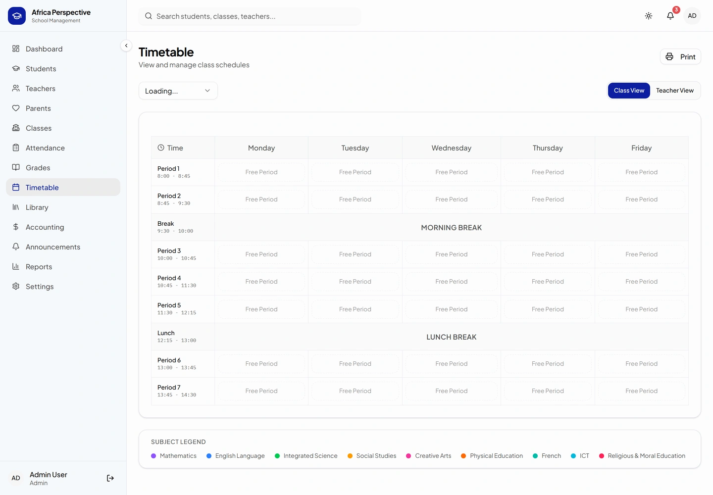 AfricaPerspective school management — Timetable