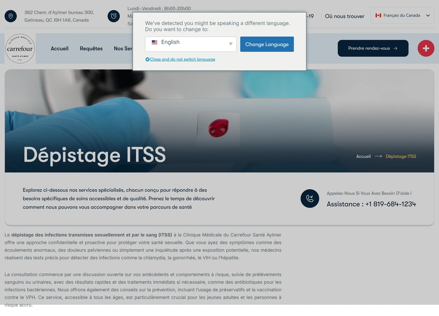 CMCSA clinic website — Service / depistage itss