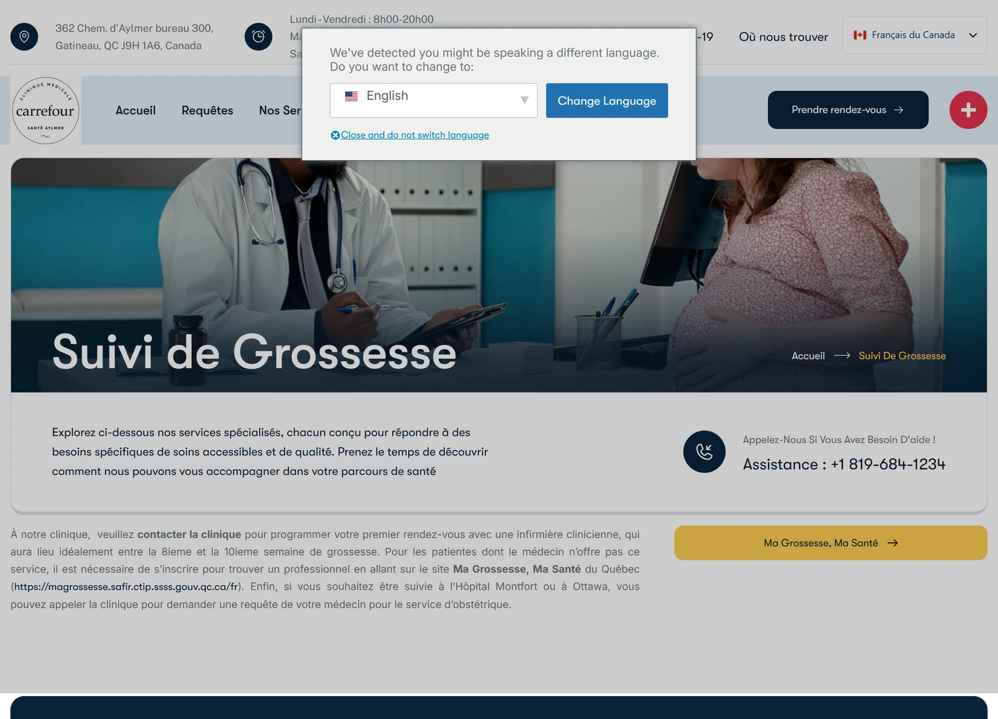 CMCSA clinic website — Service / suivi de grossesse