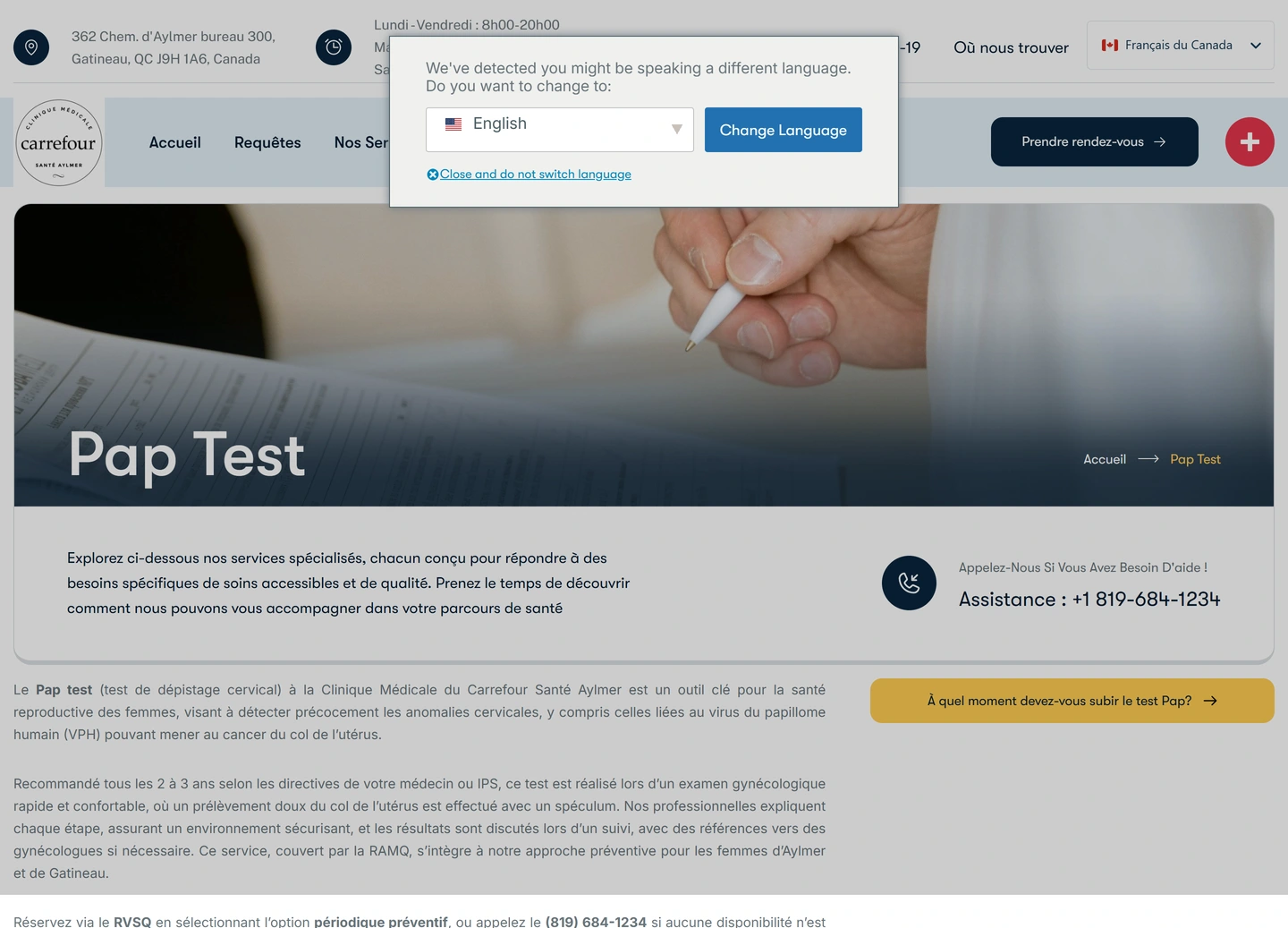 CMCSA clinic website — Service / pap test