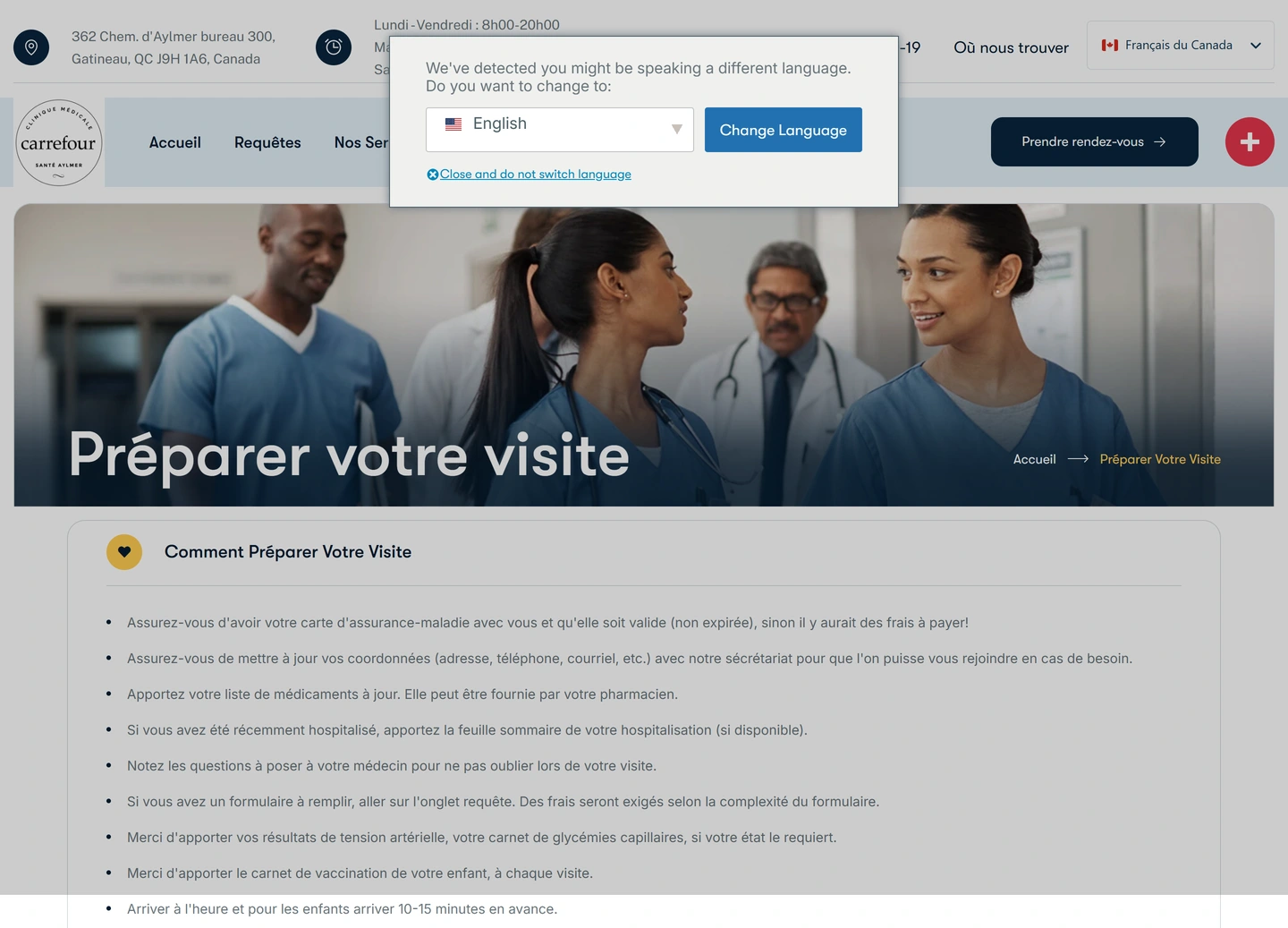 CMCSA clinic website — Preparer votre visite