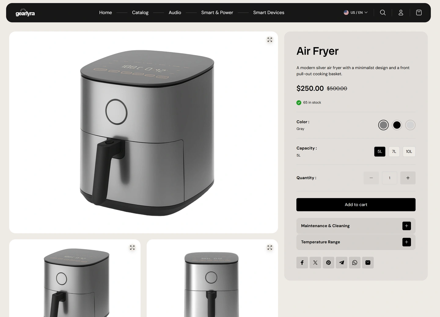 GearLyra ecommerce website — Products / air fryer