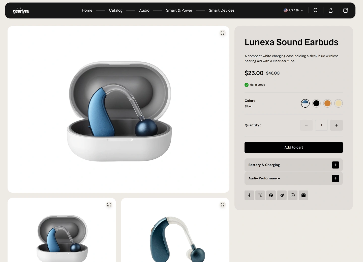 GearLyra ecommerce website — Products / adventure audio copy