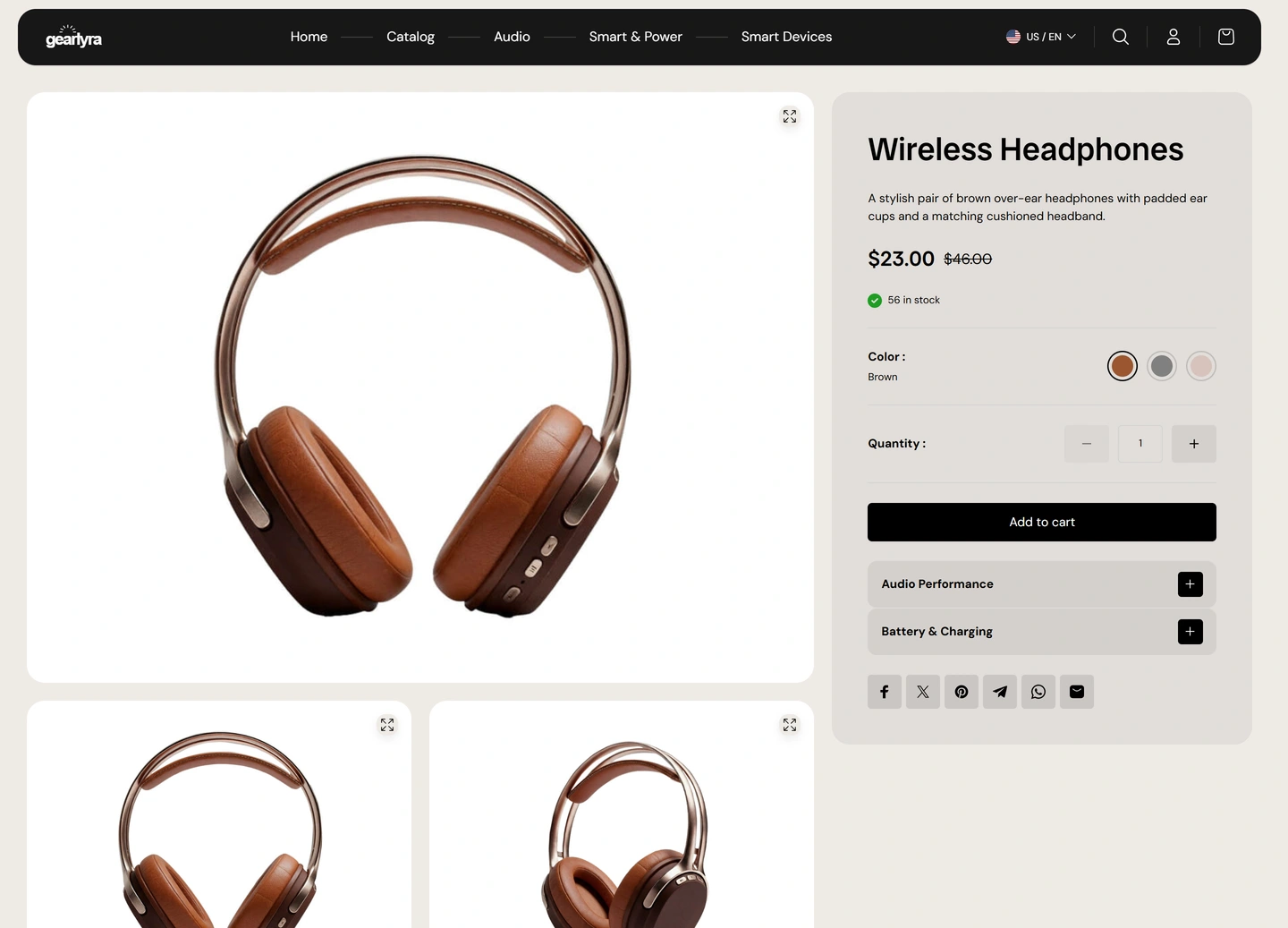 GearLyra ecommerce website — Products / wireless headphones 1