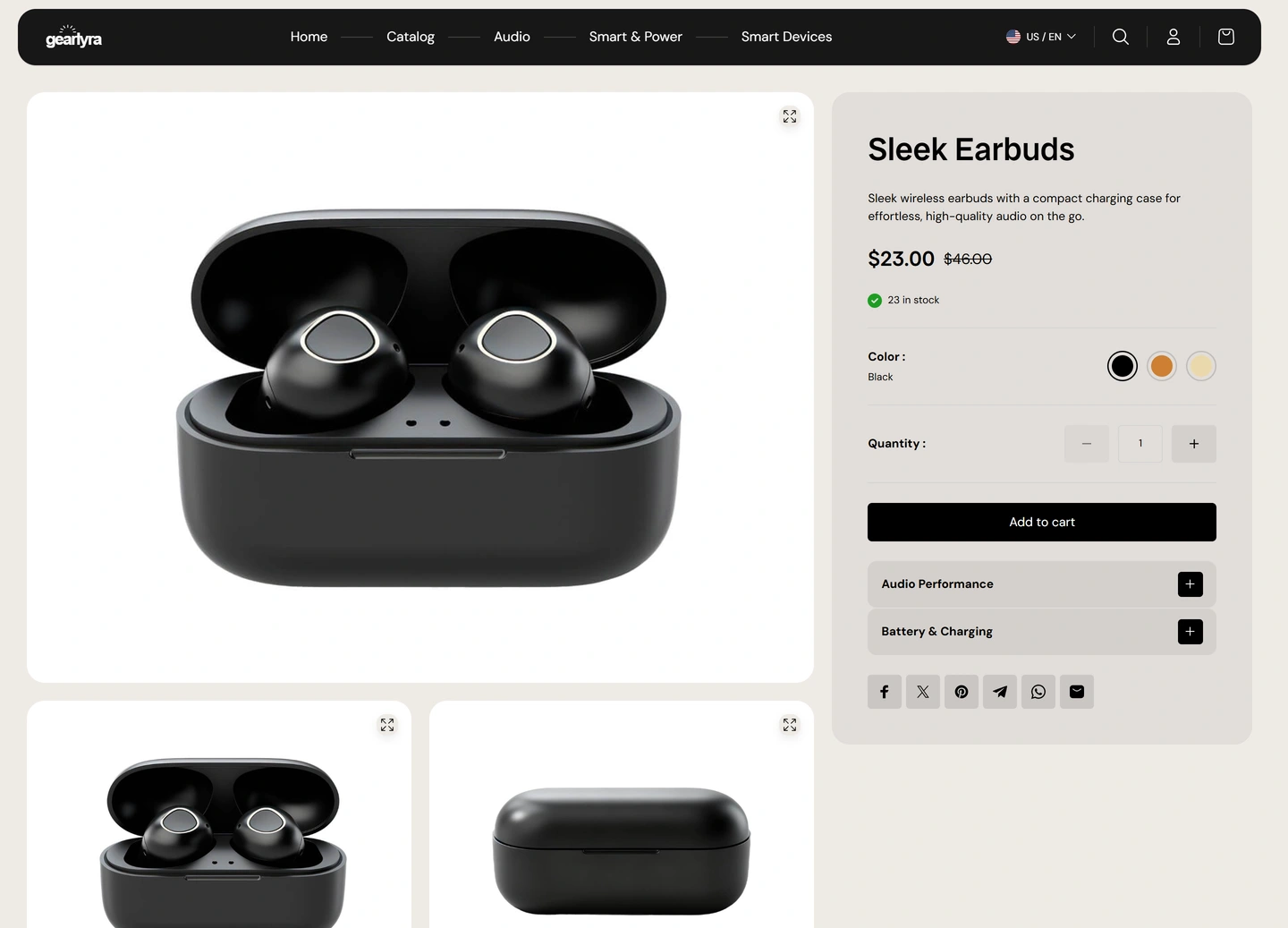GearLyra ecommerce website — Products / sleek earbuds