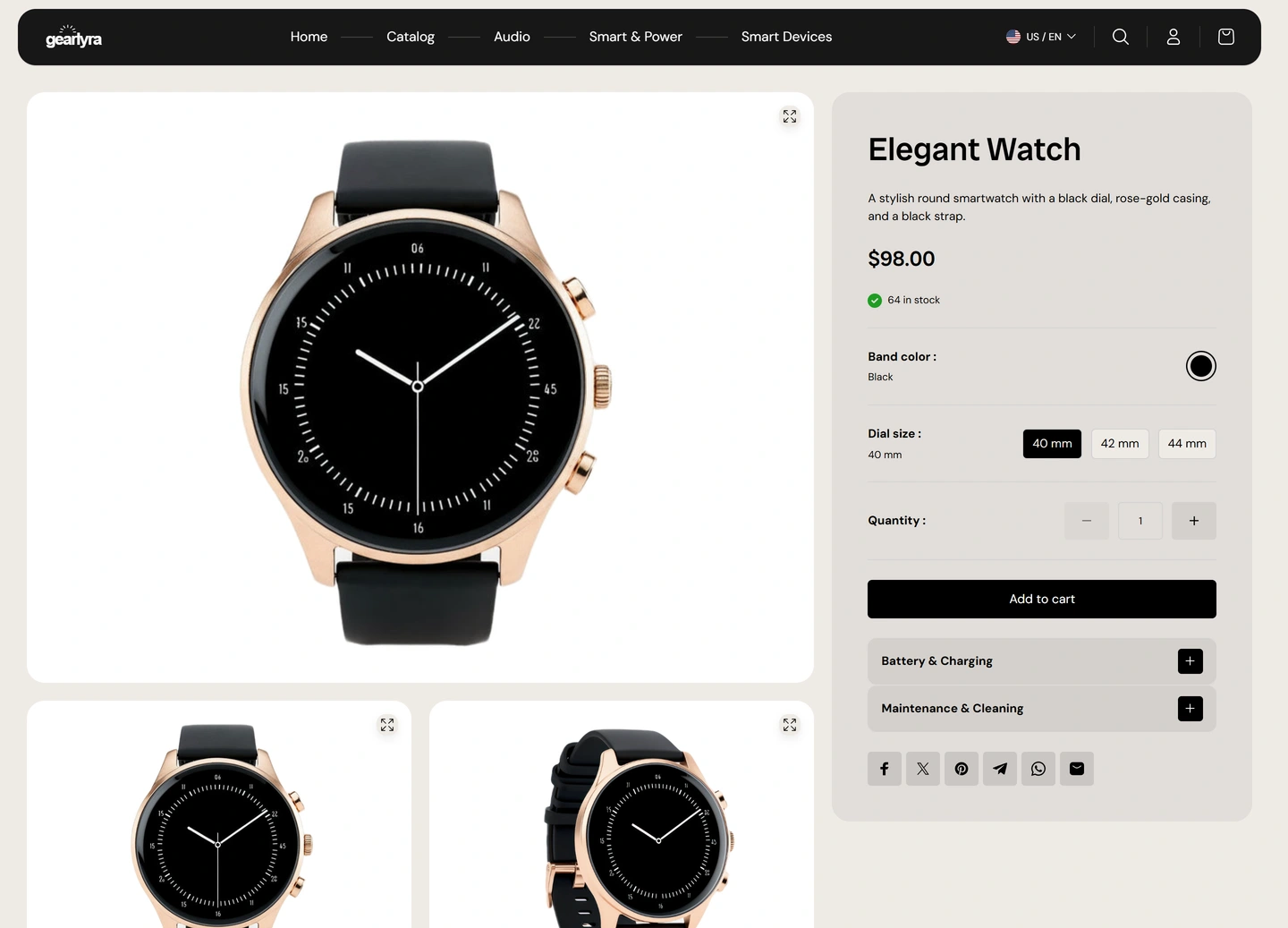 GearLyra ecommerce website — Products / elegant watch