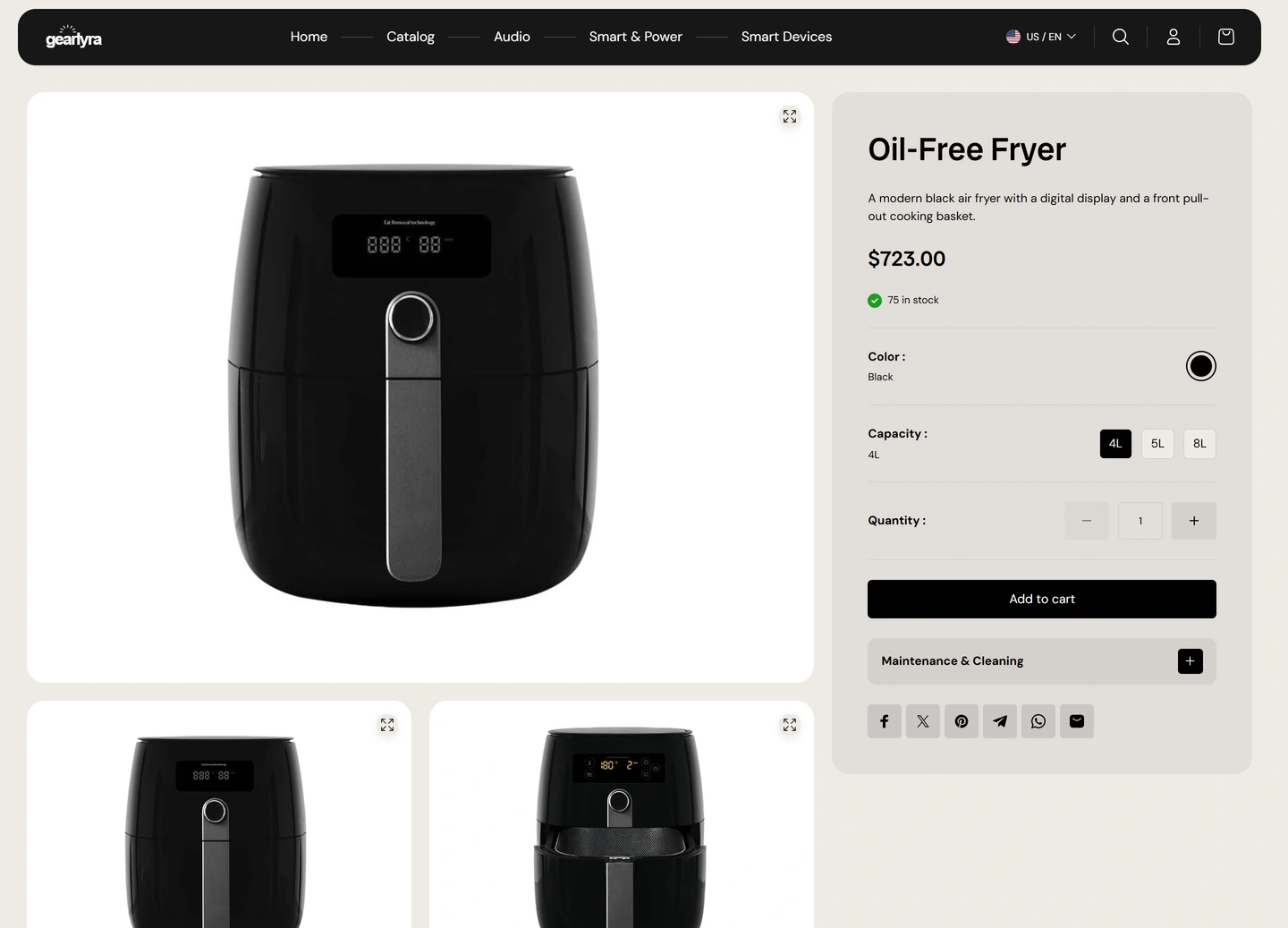 GearLyra ecommerce website — Products / oil free fryer