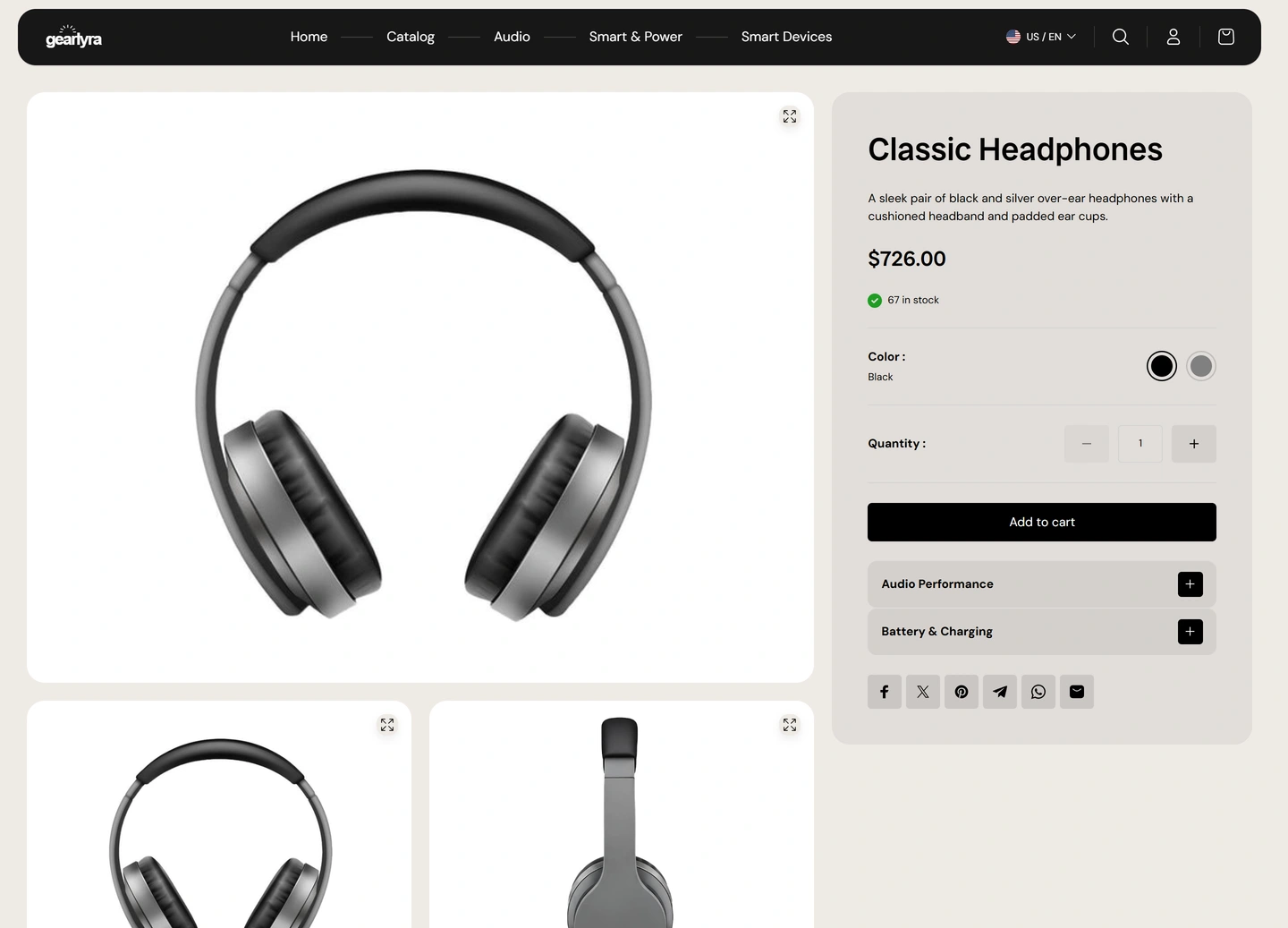 GearLyra ecommerce website — Products / classic headphones