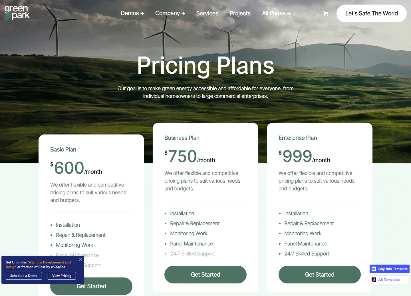 Green Park website design — Pricing