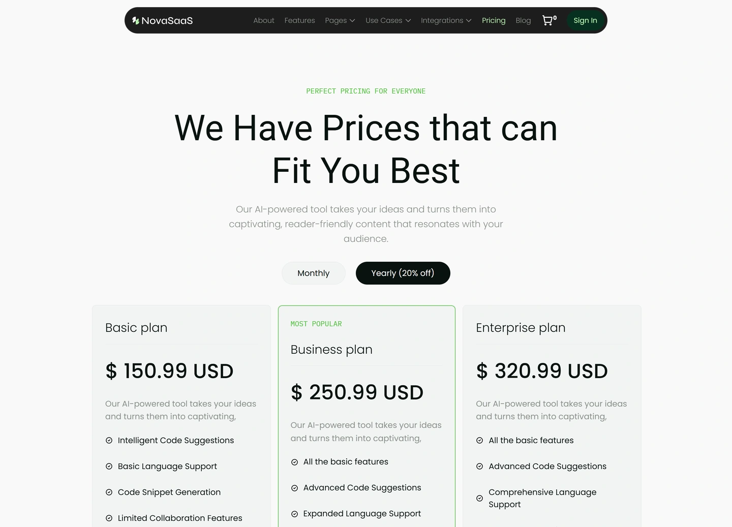 Nova SaaS website — Pricing