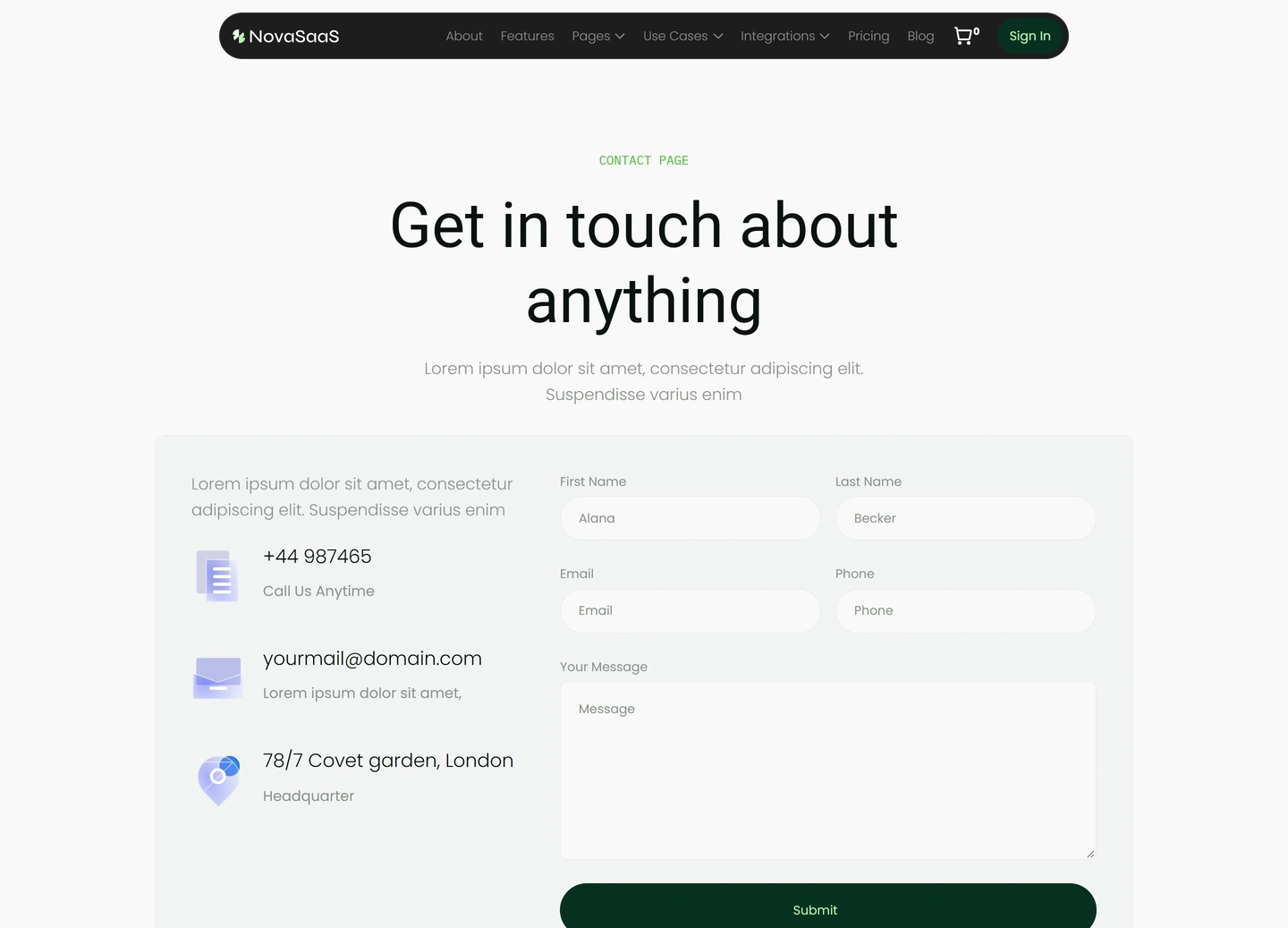 Nova SaaS website — Contact page