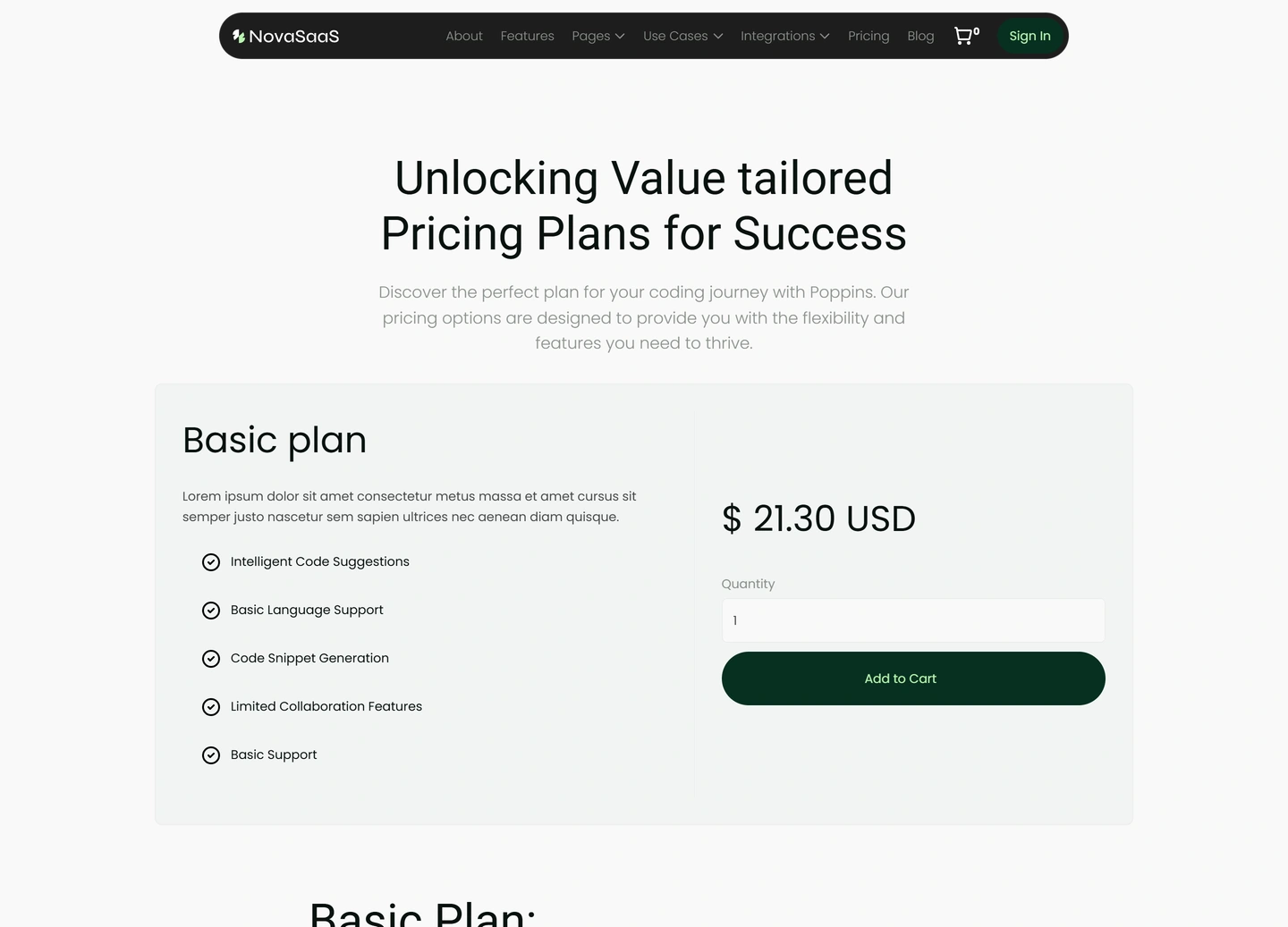 Nova SaaS website — Product / basic plan