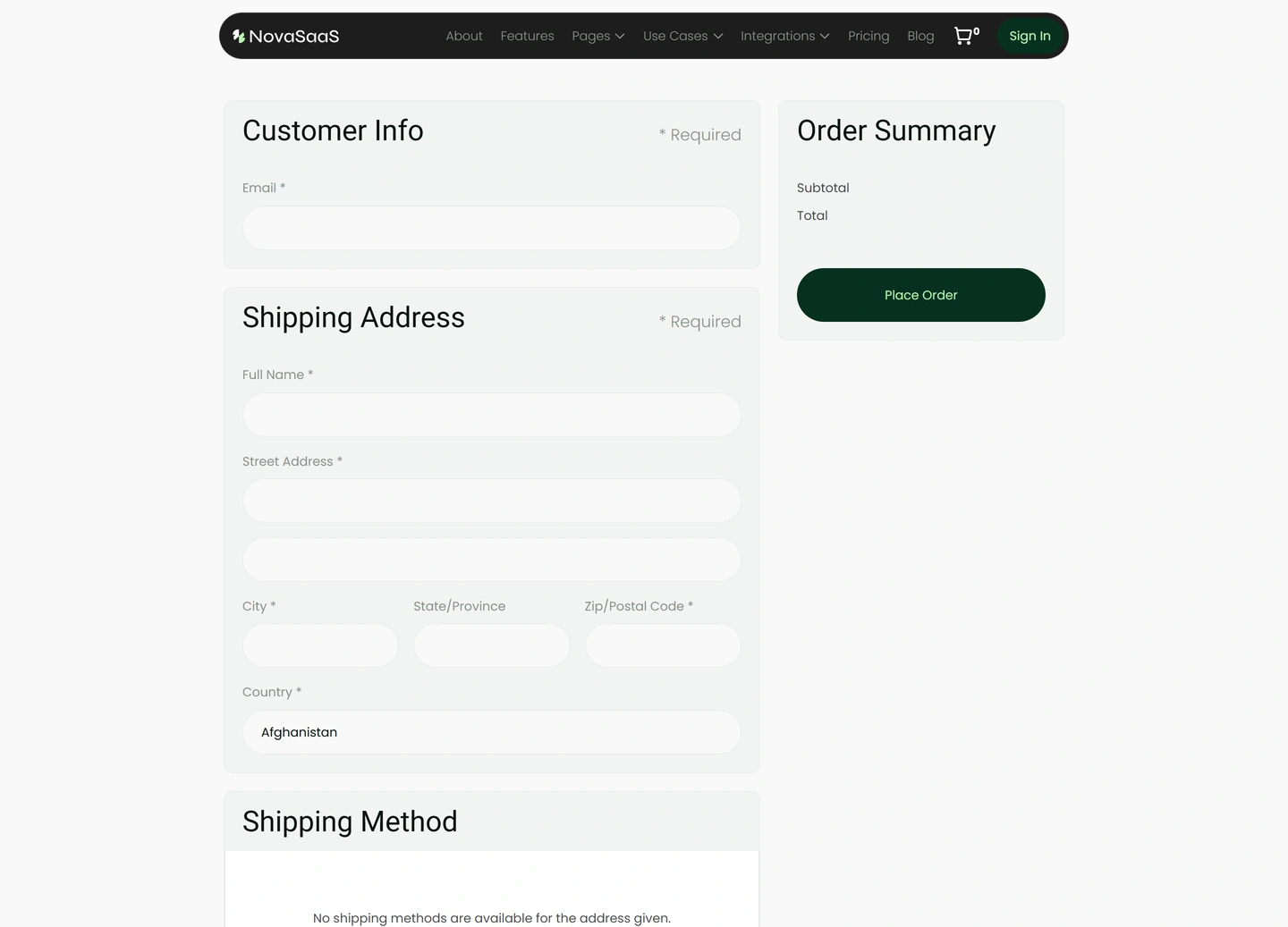Nova SaaS website — Checkout