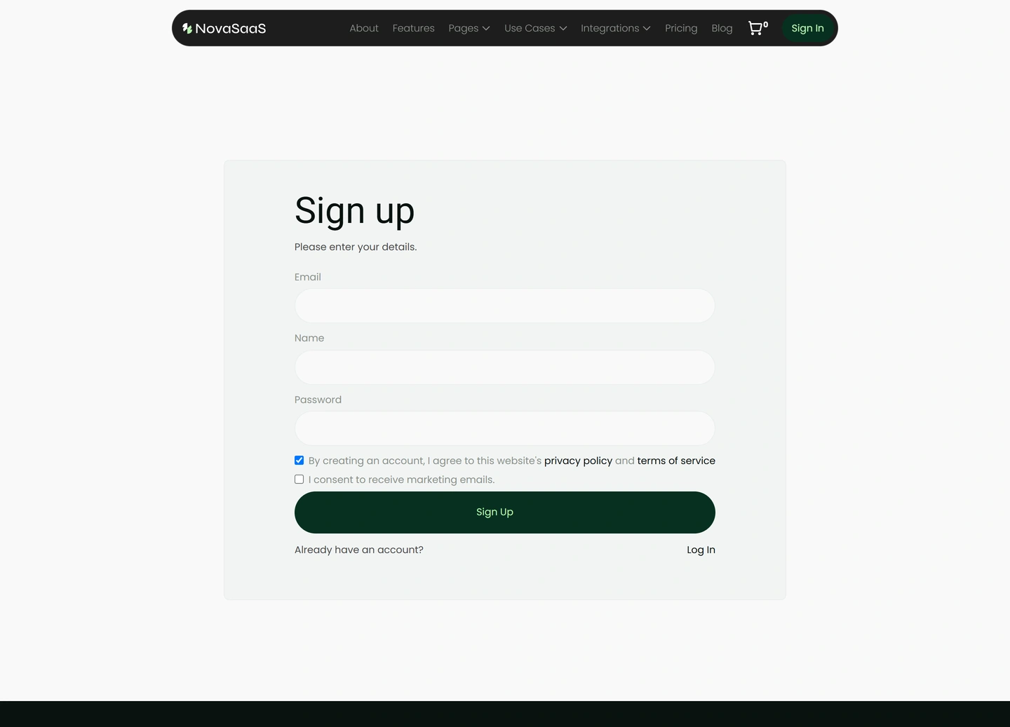 Nova SaaS website — Sign up