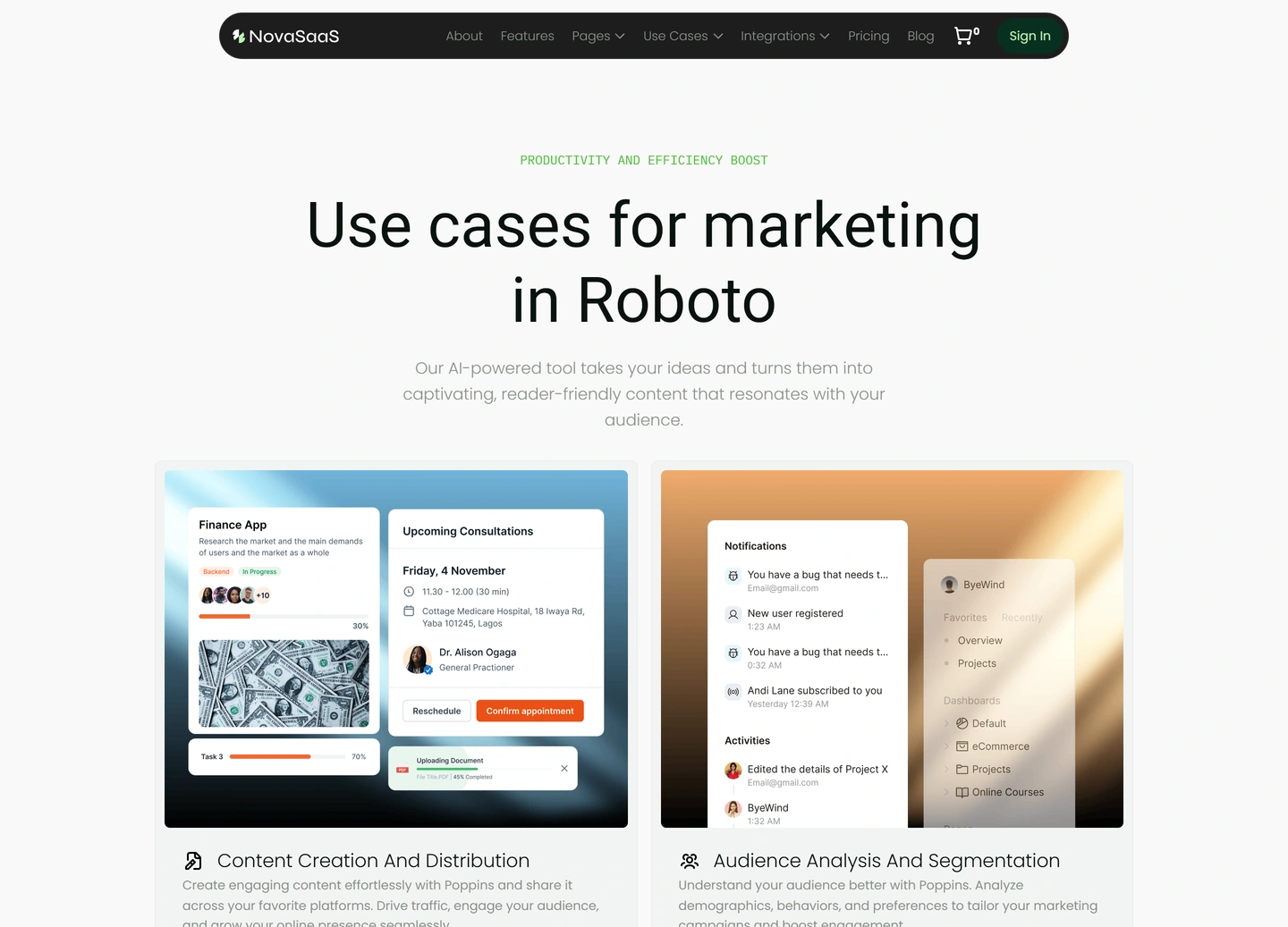 Nova SaaS website — Use case