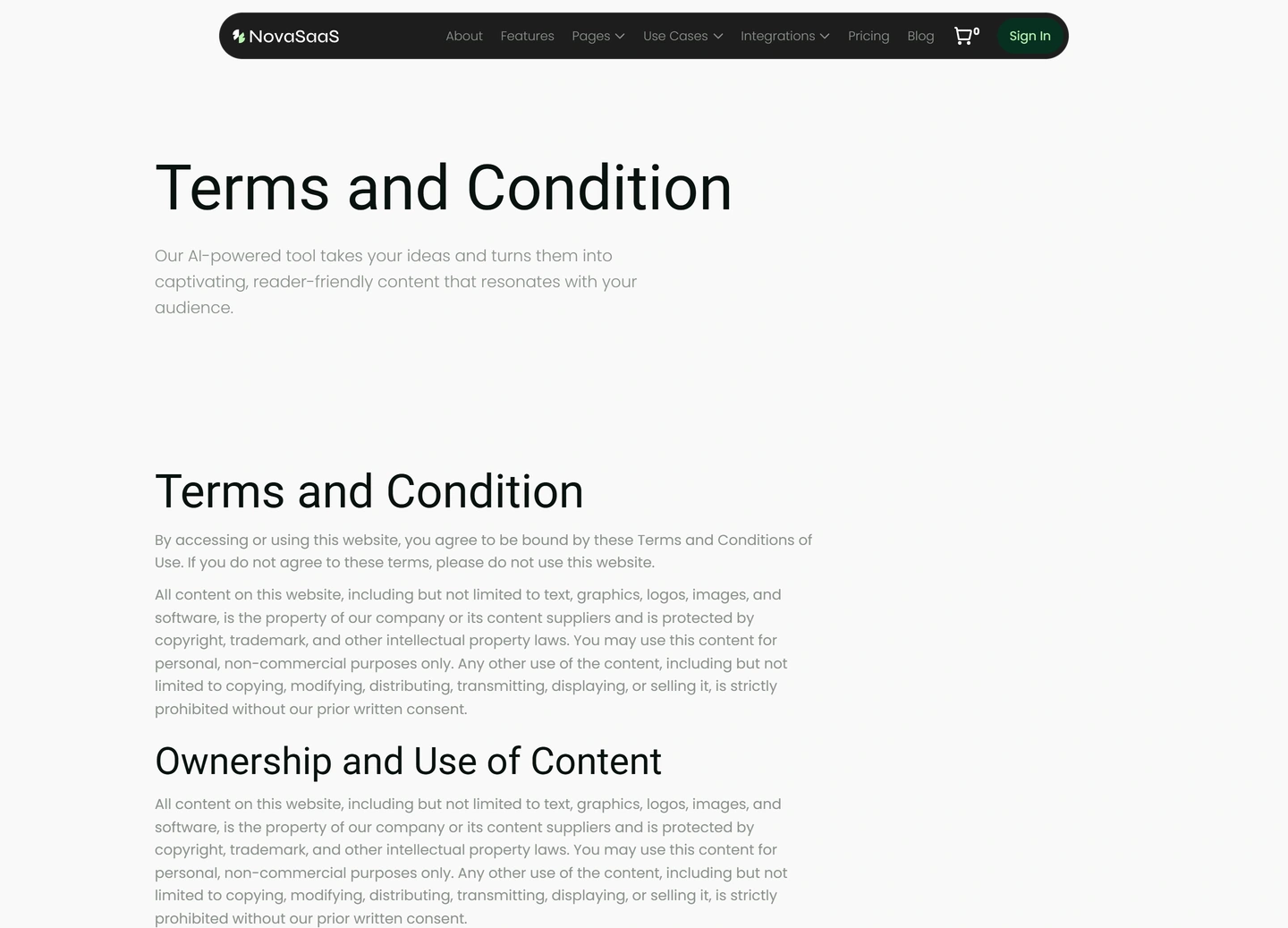 Nova SaaS website — Terms conditions