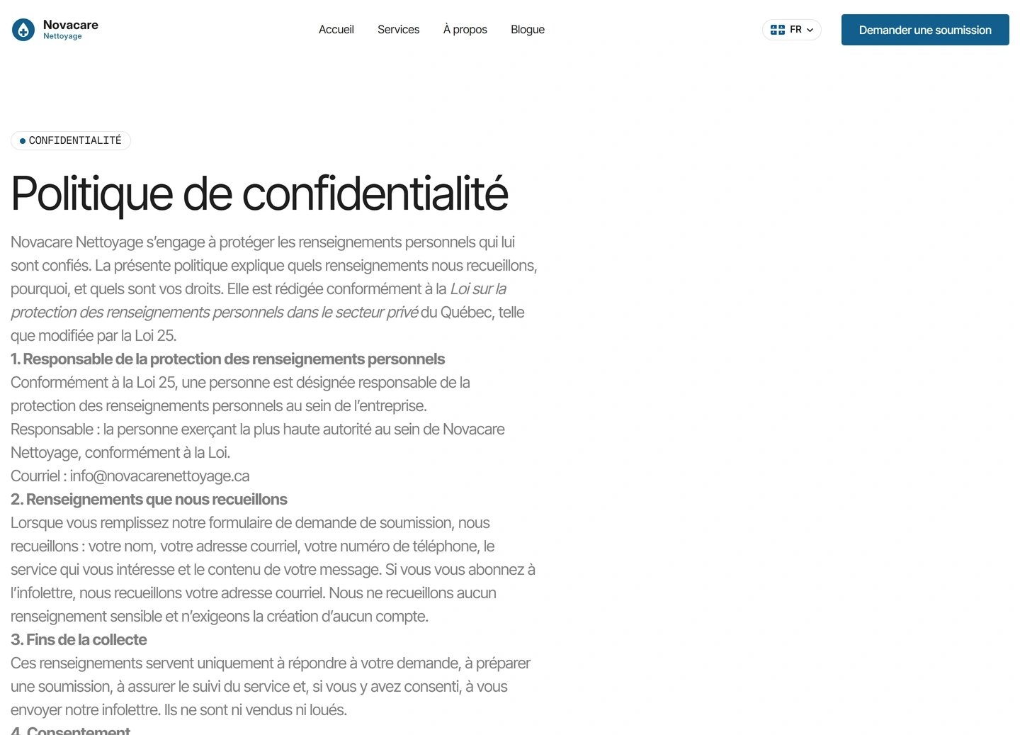 Novacare website — Politique de confidentialite