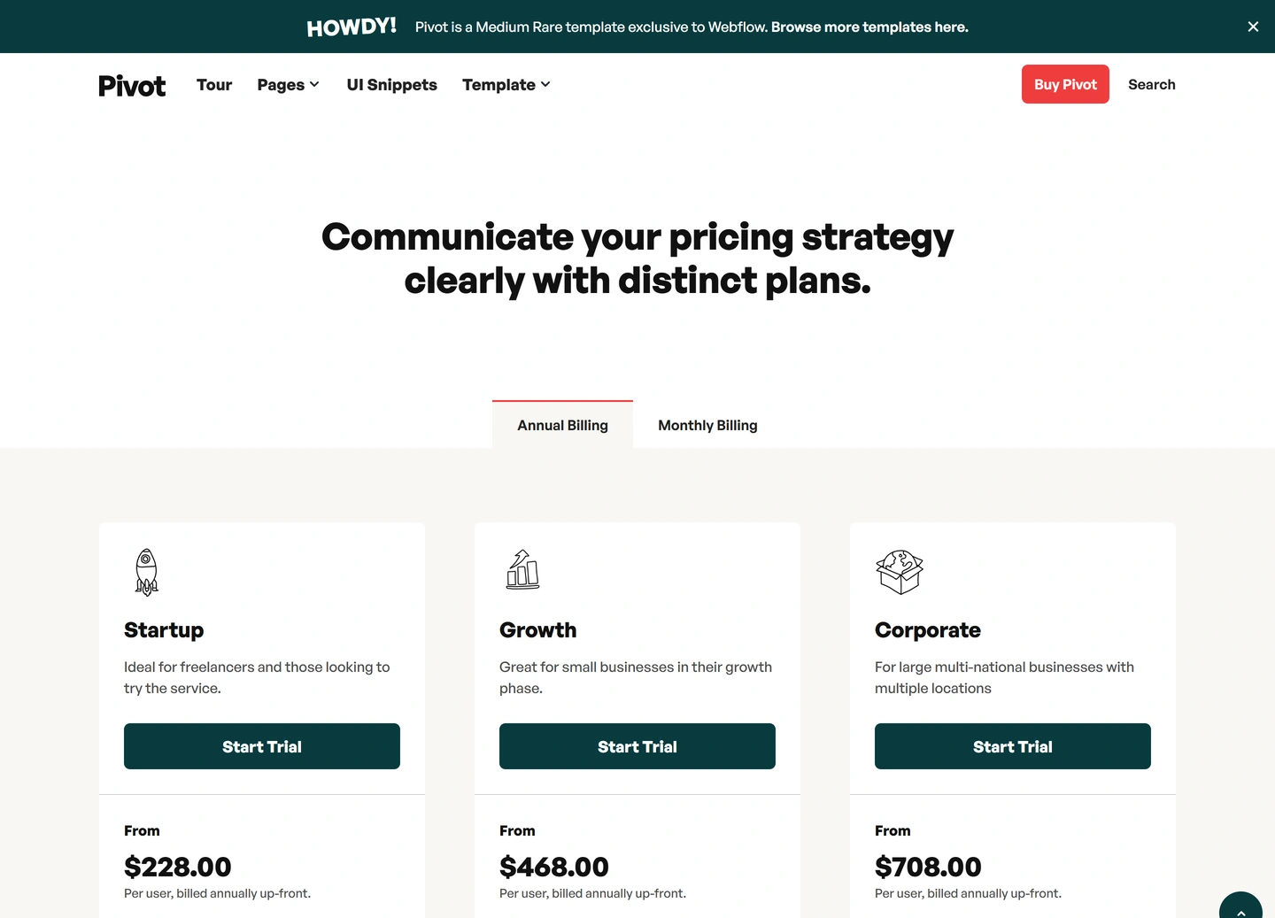 Pivot website — Product / pricing