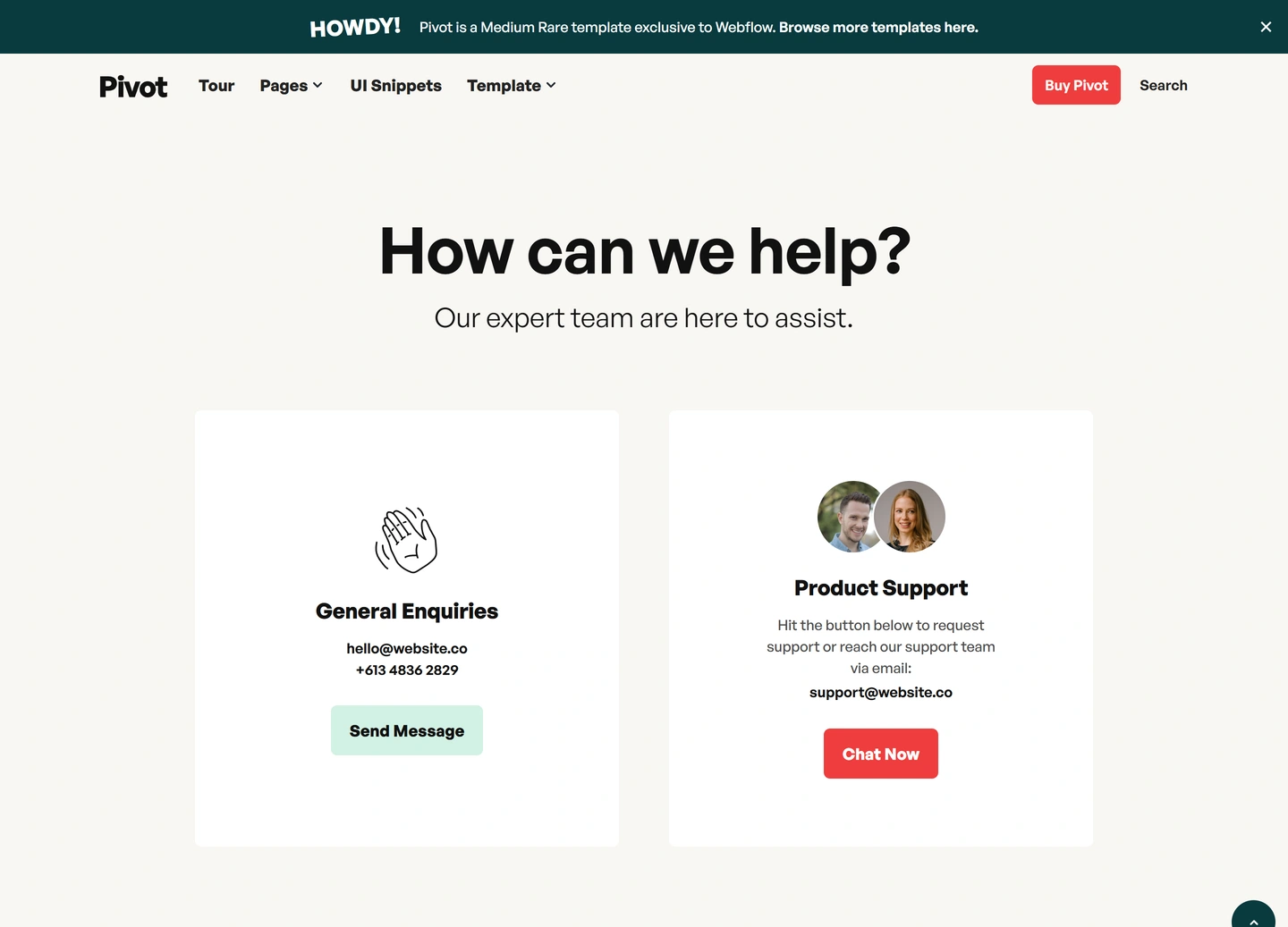 Pivot website — Product / get support