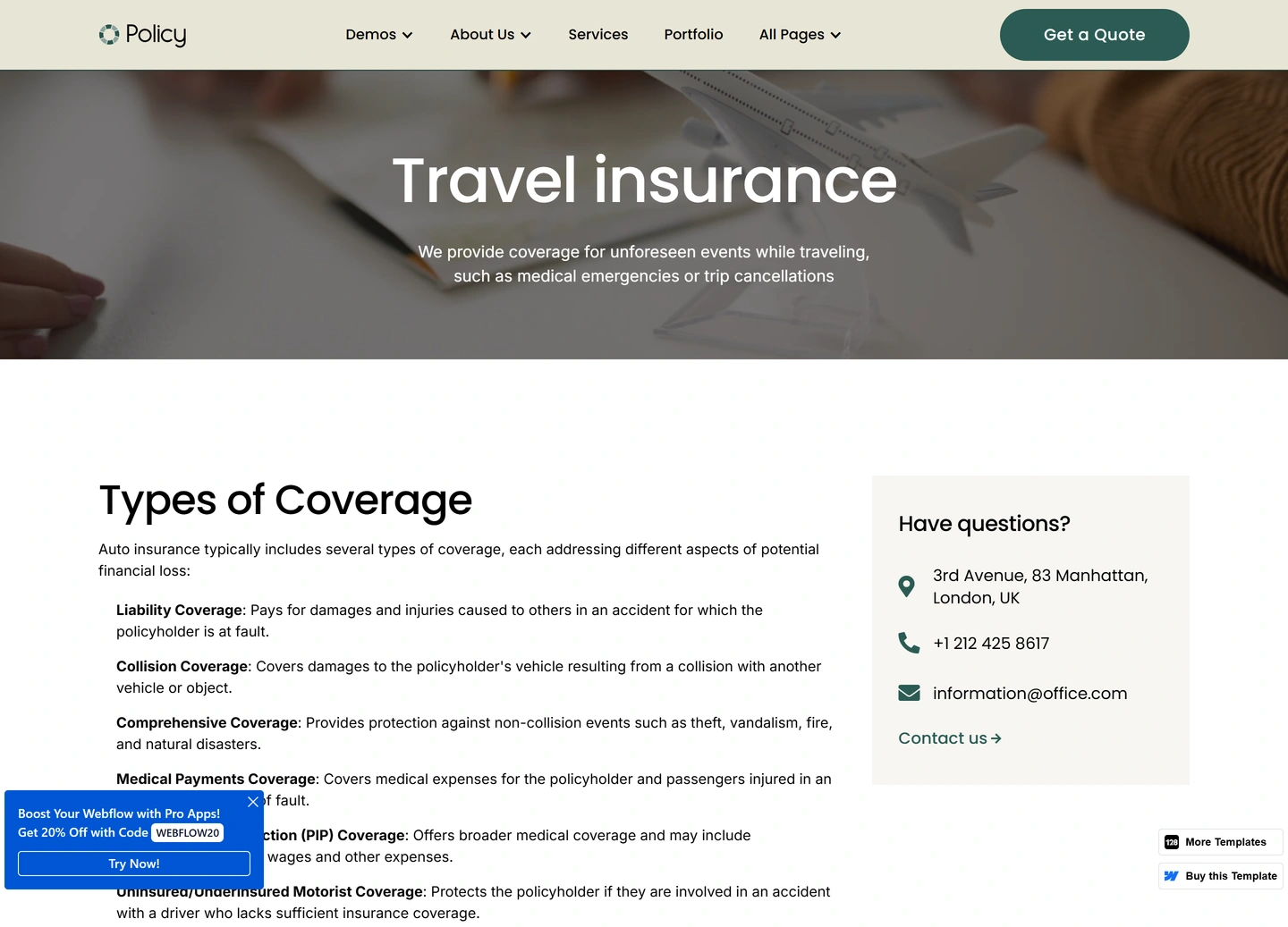 Policy website — Services / travel insurance
