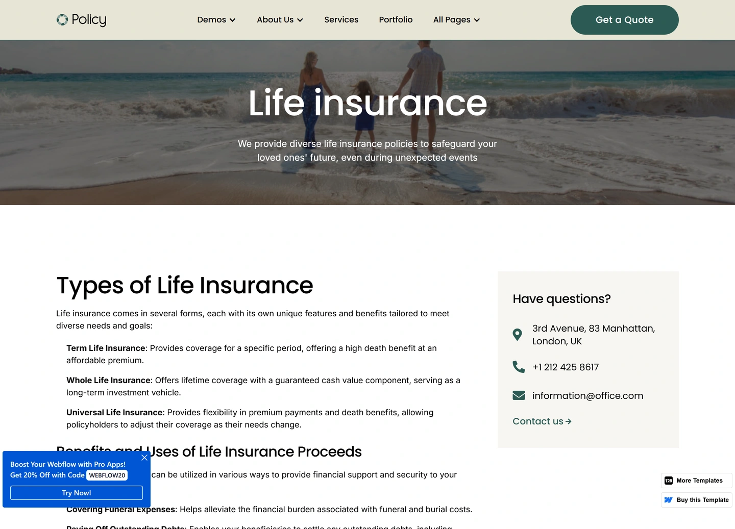 Policy website — Services / life insurance