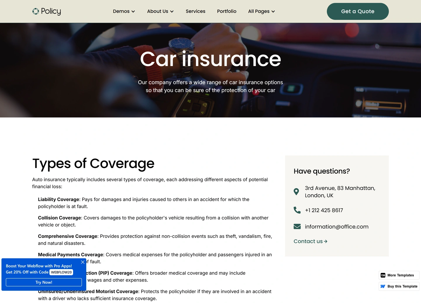 Policy website — Services / car insurance