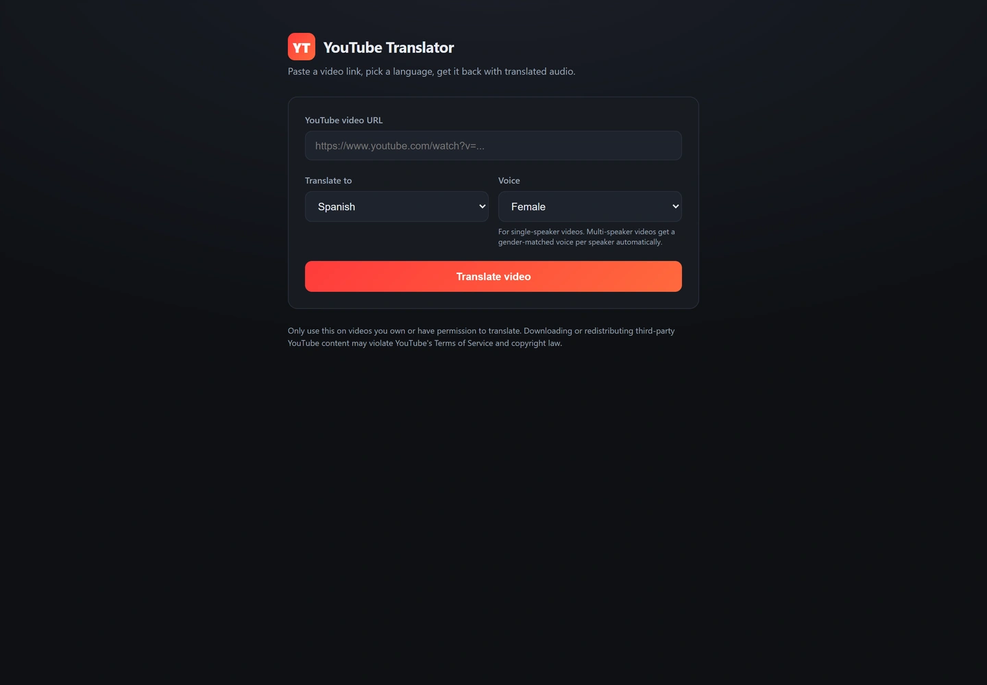 YouTube Translator — Main page