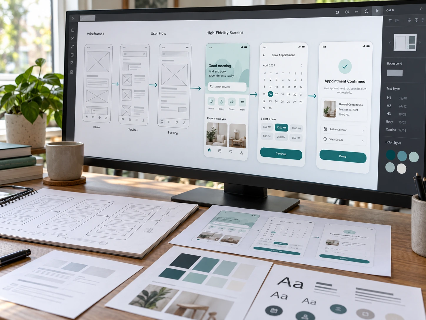 Interface wireframes and connected design prototypes